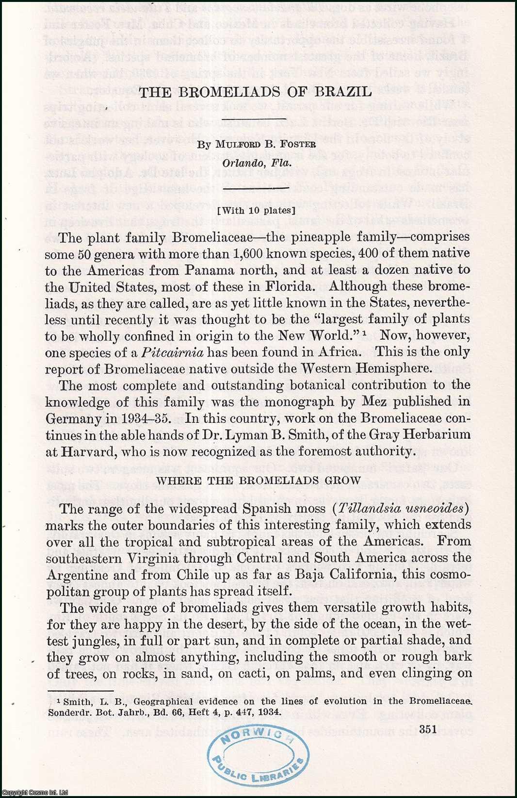 Mulford B. Foster, Orlando, Florida. - The Bromeliads of Brazil. An uncommon original article from the Report of the Smithsonian Institution, 1942.