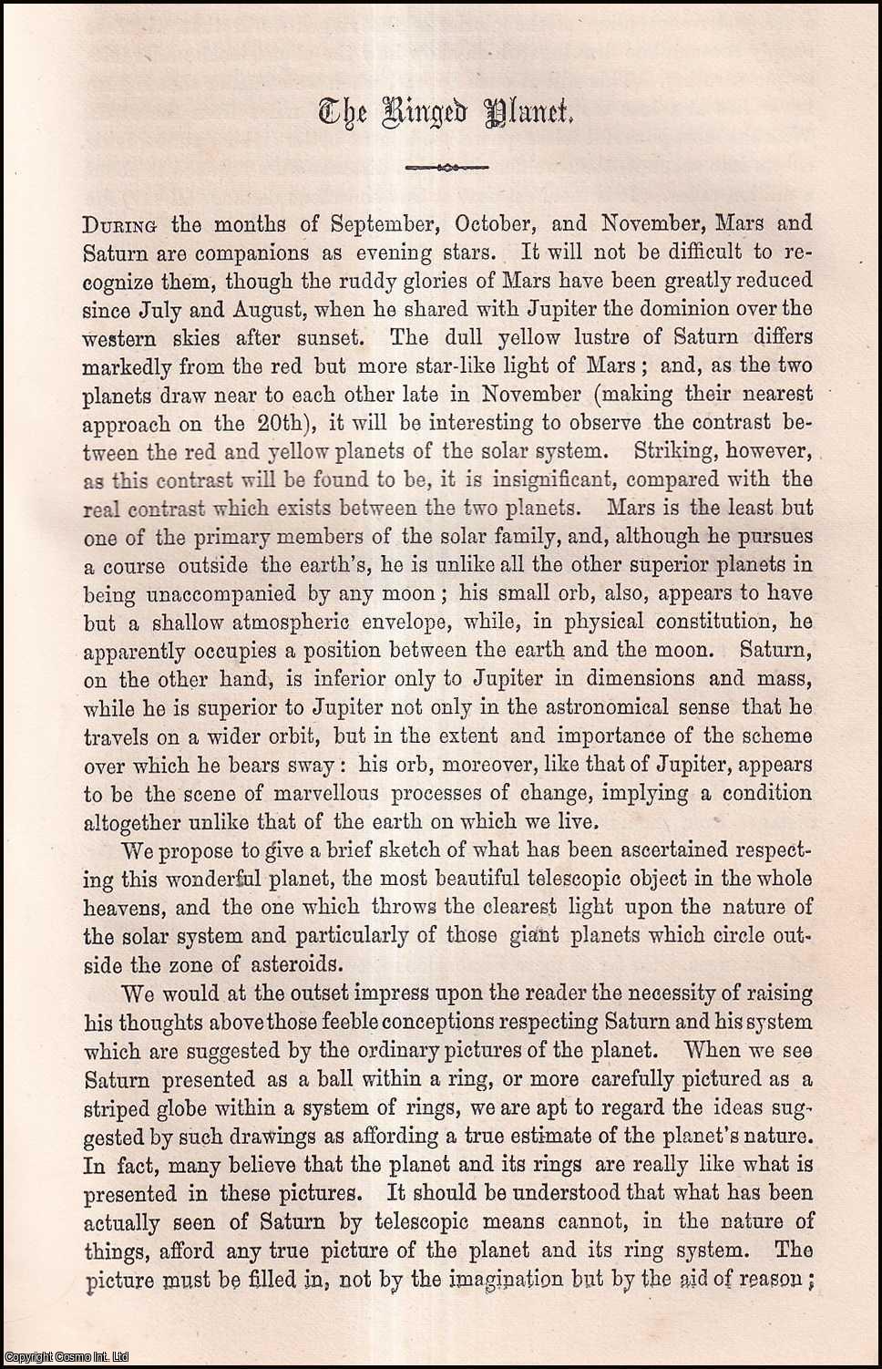 R.A. Proctor - Astronomy. The Ringed Planet. An uncommon original article from the Cornhill Magazine, 1873.