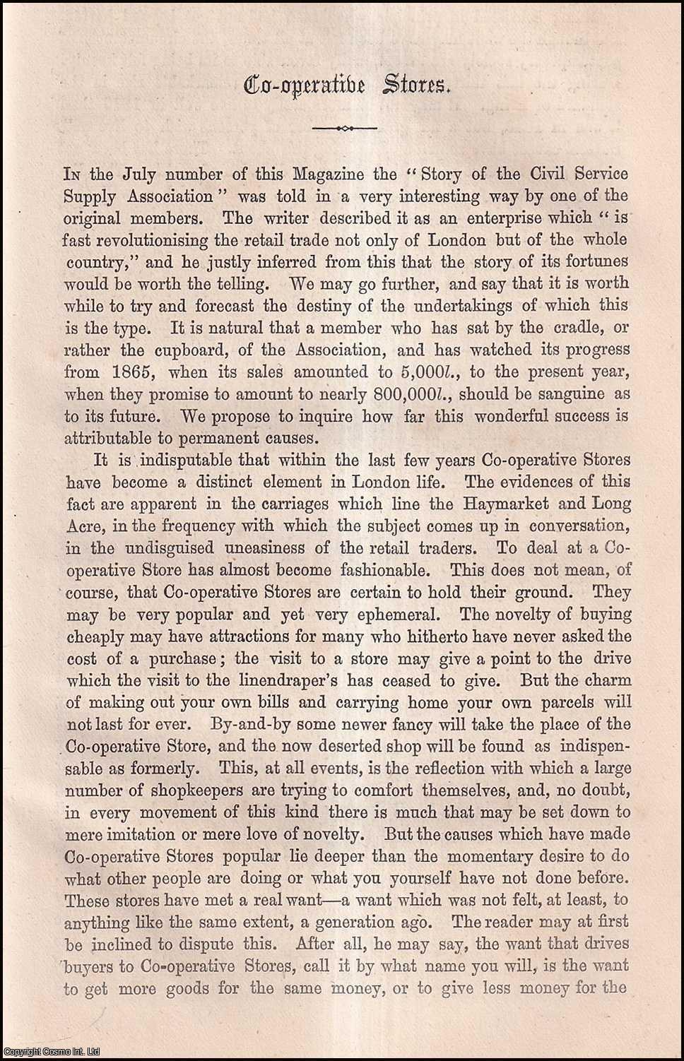 D.C. Lathbury - Co-operative Stores. An uncommon original article from the Cornhill Magazine, 1873.