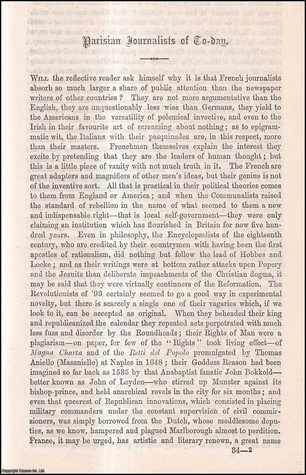 Grenville Murray - Parisian Journalists of To-day. An uncommon original article from the Cornhill Magazine, 1873.