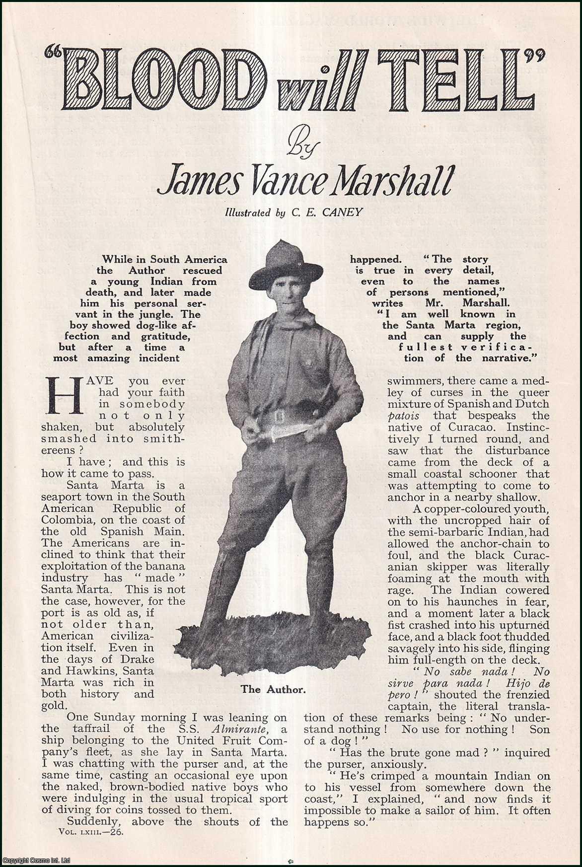 James Vance Marshall. Illustrated by C.E. Caney. - Blood will Tell : while in South America the author rescued a young Indian from death, & later made him his personal servant in the jungle. An uncommon original article from the Wide World Magazine, 1929.