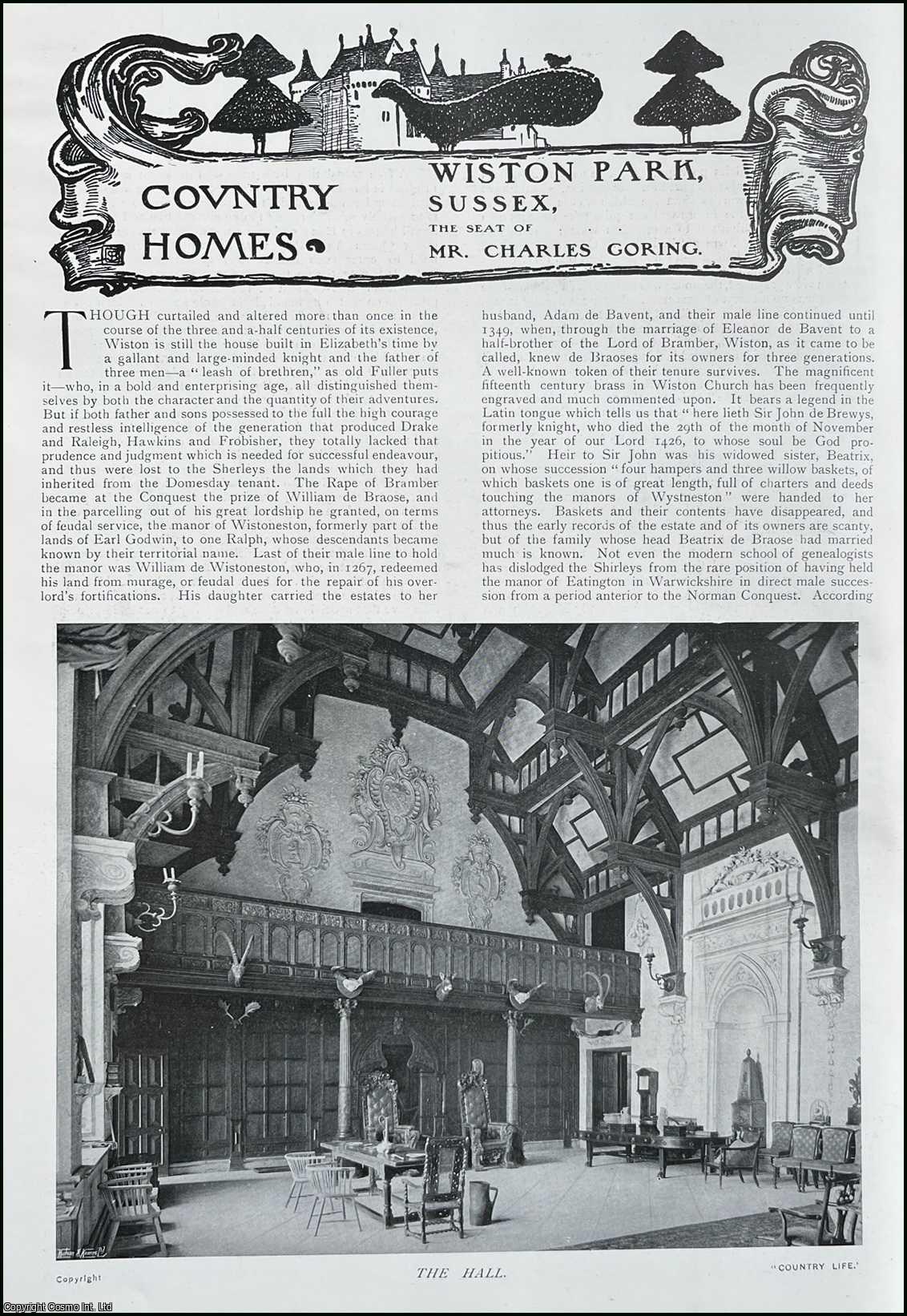 Country Life Magazine - Wiston Park, Sussex. The Seat of Mr. Charles Goring. Several pictures and accompanying text, removed from an original issue of Country Life Magazine, 1909.