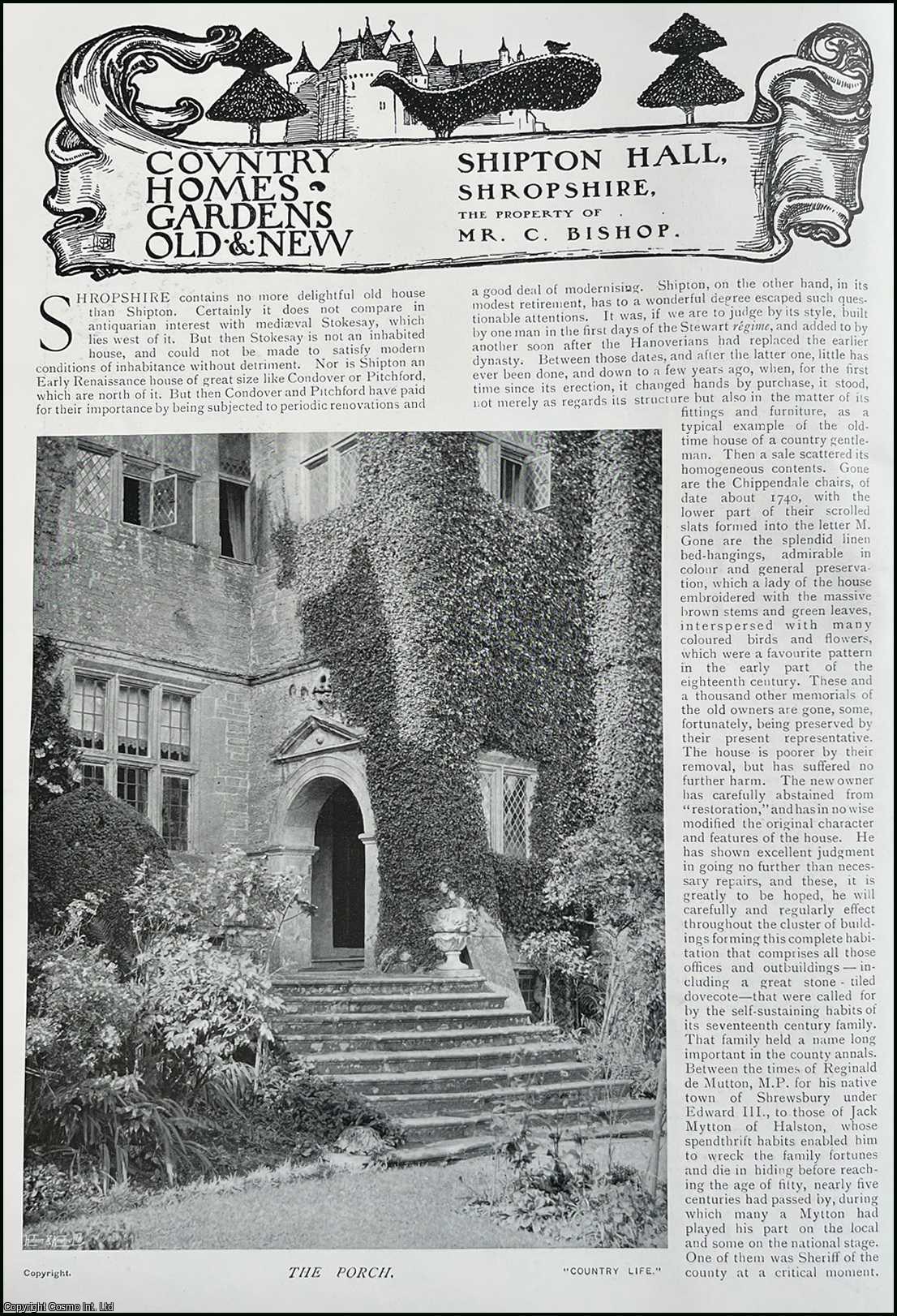 Country Life Magazine - Shipton Hall, Shropshire. The Property of Mr. C. Bishop. Several pictures and accompanying text, removed from an original issue of Country Life Magazine, 1910.