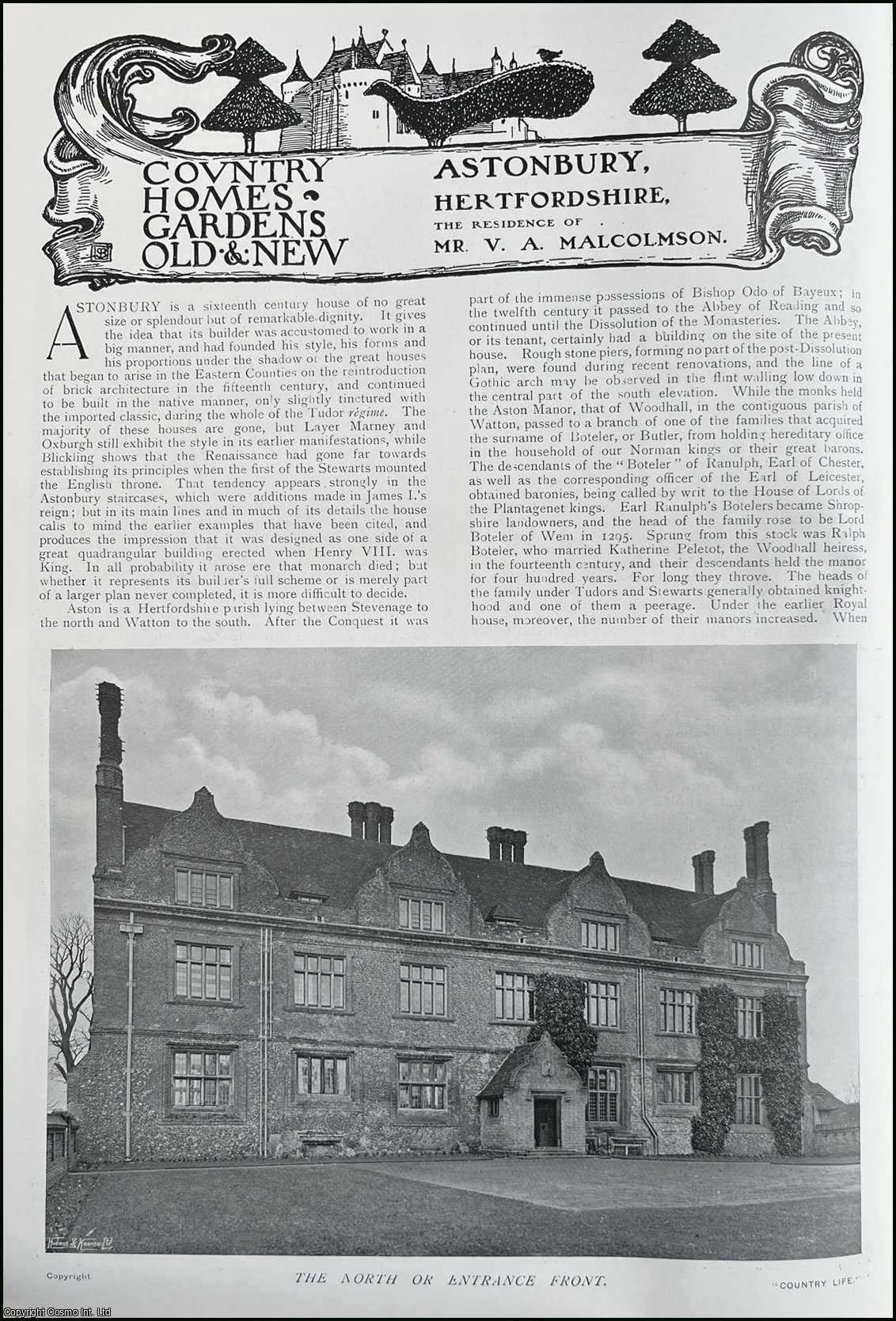 Country Life Magazine - Astonbury, Hertfordshire. The Residence of Mr. V.A. Malcolmson. Several pictures and accompanying text, removed from an original issue of Country Life Magazine, 1910.