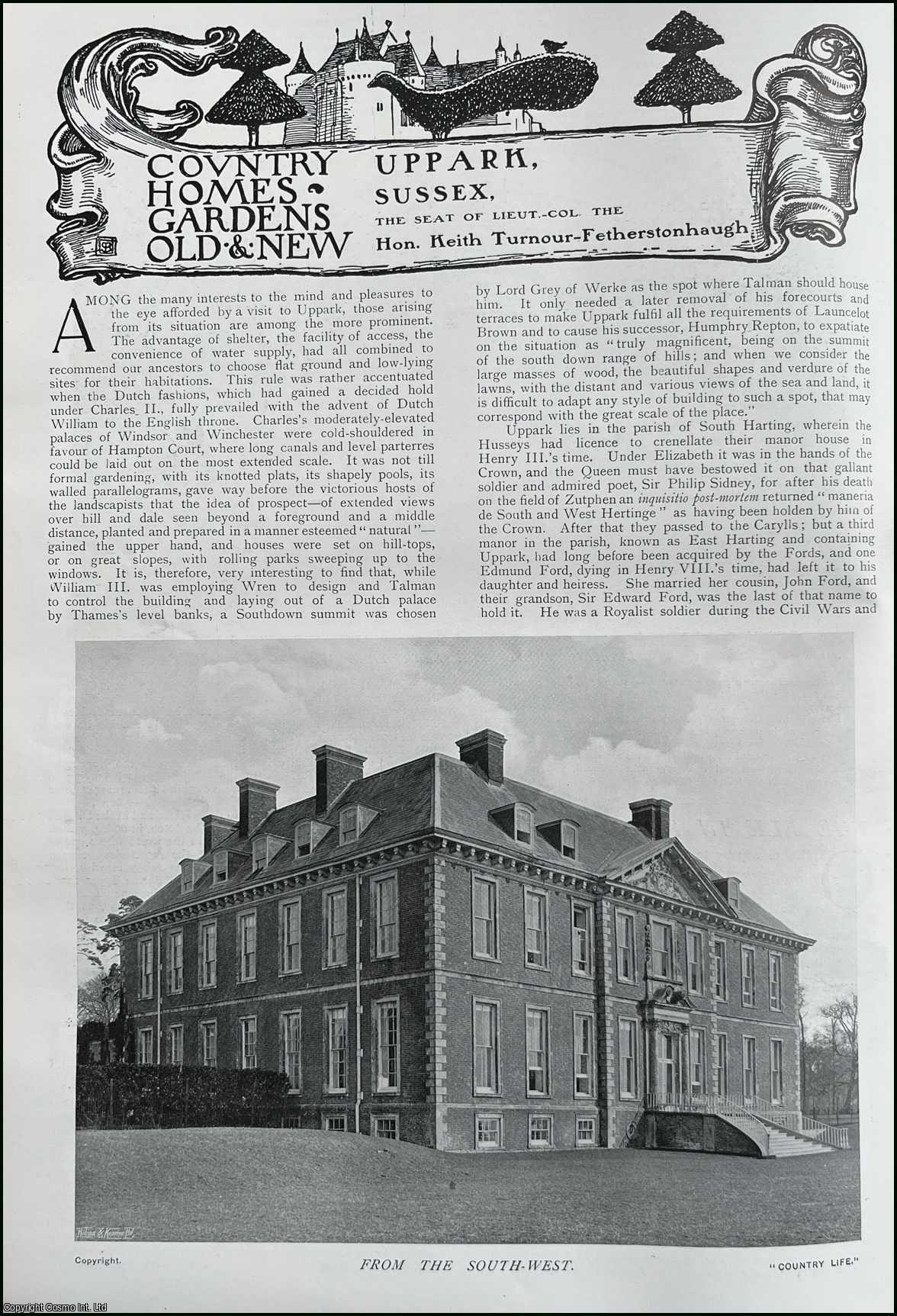 Country Life Magazine - Uppark, Sussex. The Seat of Lieut-Col The Hon. Keith Turnour-Fetherstonhaugh. Several pictures and accompanying text, removed from an original issue of Country Life Magazine, 1910.