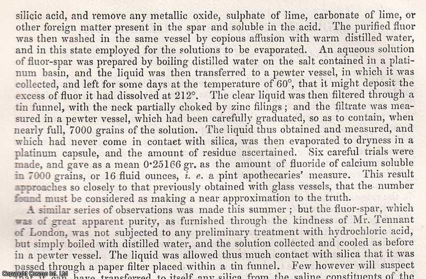 George Wilson, M.D., F.R.S.E. - The extent to which Flouride of Calcium is soluble in Water at 60 degress Fahrenheit. An uncommon original article from the British Association for the Advancement of Science Report, 1850.