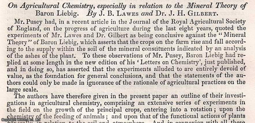 J.B. Lawes & Dr. J.H. Gilbert - Agricultural Chemistry, especially in relation to the Mineral Theory of Baron Liebig. An uncommon original article from the British Association for the Advancement of Science Report, 1851.
