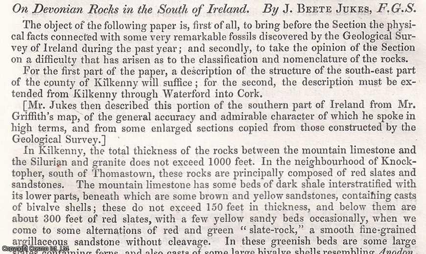 J. Breete Jukes, F.G.S. - Devonian Rocks in the South of Ireland. An uncommon original article from the British Association for the Advancement of Science Report, 1852.