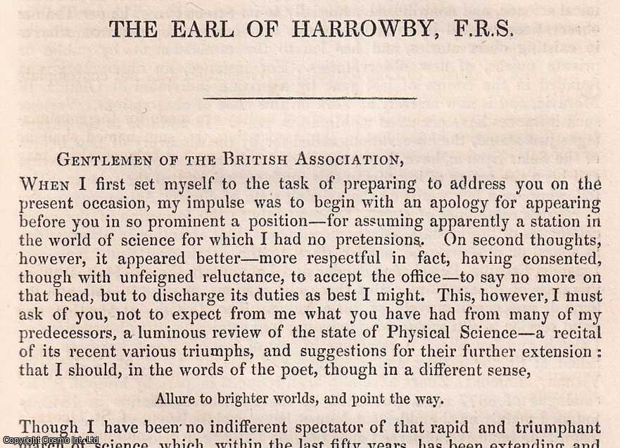 The Earl of Harrowby, F.R.S. - The Earl of Harrowby. Presidential Address, 1854 to the British Association, Meeting at Liverpool. An uncommon original article from the British Association for the Advancement of Science Report, 1854.