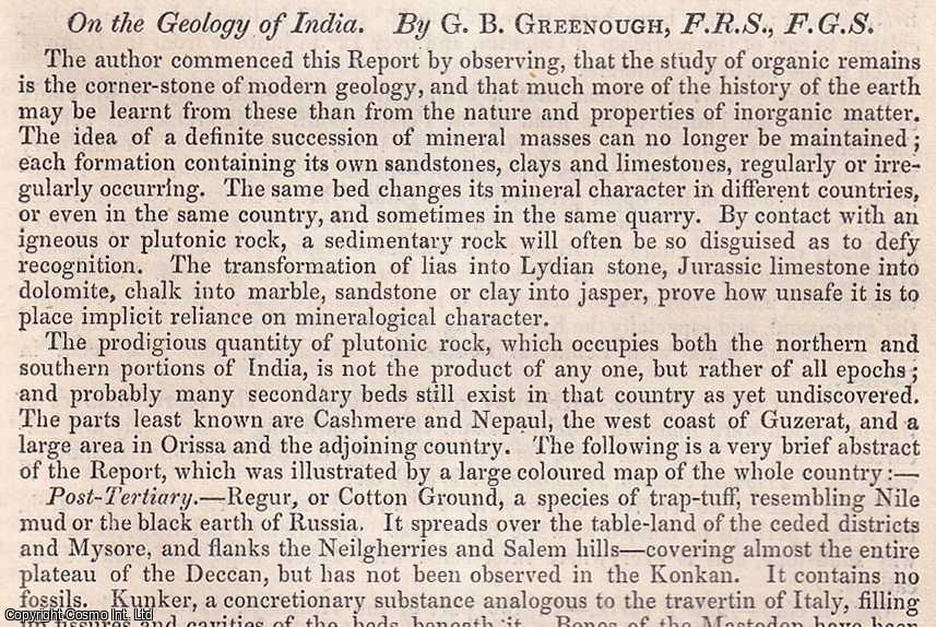 G.B. Greenough, F.R.S., F.G.S. - The Geology of India. An uncommon original article from the British Association for the Advancement of Science Report, 1854.