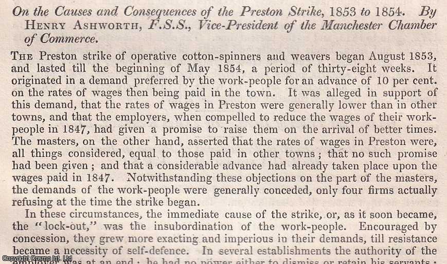 Henry Ashworth, F.S.S., Vice-President of the Manchester Chamber of Commerce. - The Causes & Consequences of the Preston Strike, 1853-1854. An uncommon original article from the British Association for the Advancement of Science Report, 1854.
