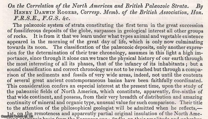 Henry Darwin Rogers, Correspondence Member of the British Association, Hon. F.R.S.E., F.G.S. - The Correlation of the North American & British Palaeozoic Strata. An uncommon original article from the British Association for the Advancement of Science Report, 1856.