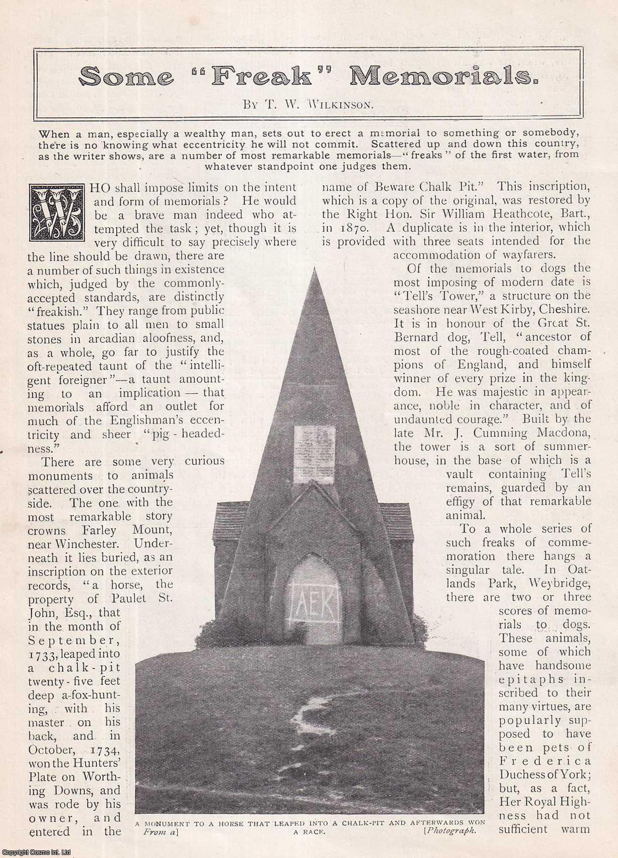 FOLLIES - Some Freak Memorials : the seven dials pillar, Weybridge, Surrey ; the red lion, of Martlesham ; John Bunyan's chimney at Coleman Green, Hertfordshire & others. By T.W. Wilkinson. An uncommon original article from the Wide World Magazine, 1913.
