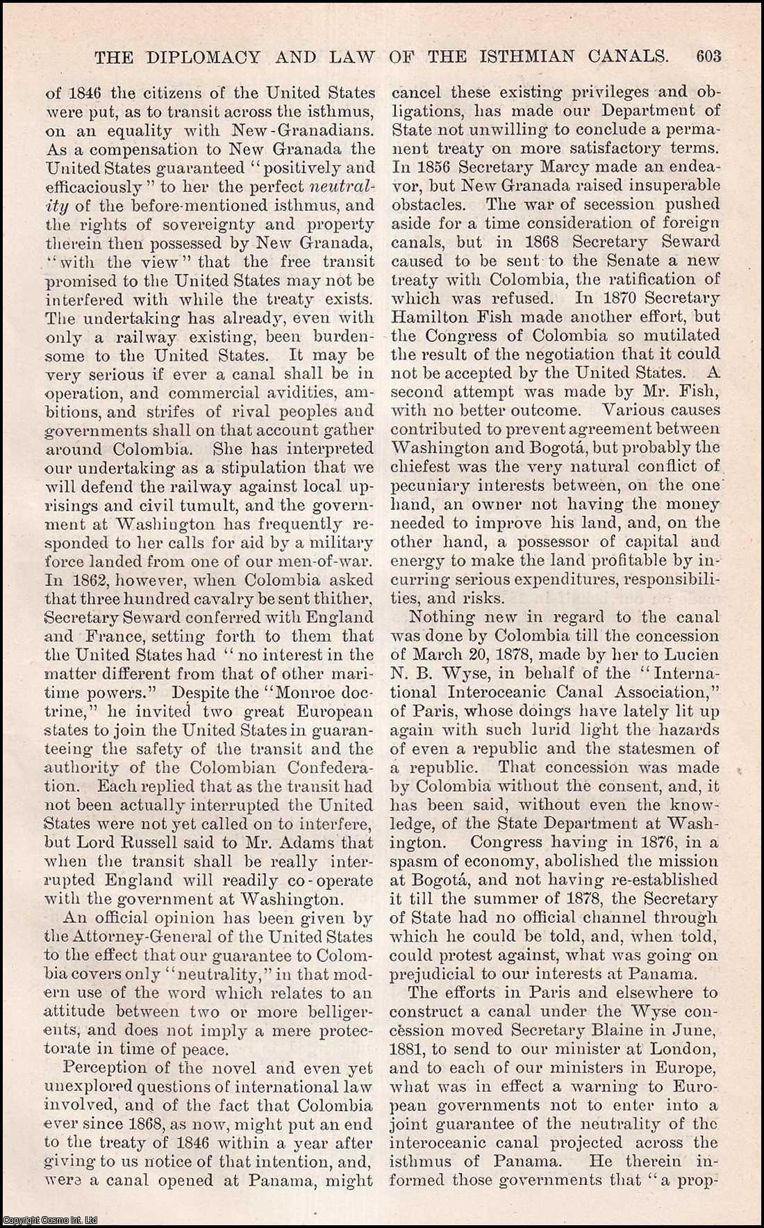 ISTHMIAN CANAL COMMISSION - The Diplomacy & Law of the Isthmian Canals. By Sidney Webster. An original article from the Harper's Monthly Magazine, 1893.
