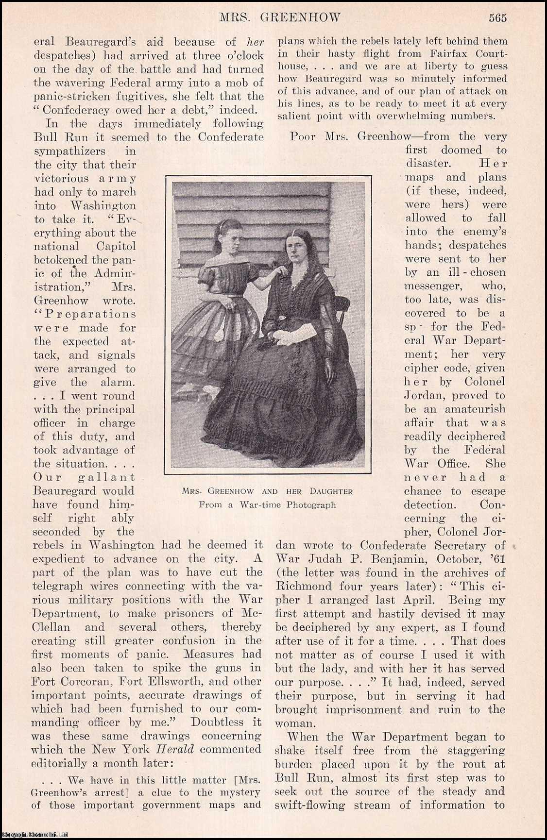 CONFEDERATE SPY - Mrs. Greenhow : Rose O'Neal Greenhow. A Confederate Spy during the American Civil War. By William Gilmore Beymer. An original article from the Harper's Monthly Magazine, 1912.
