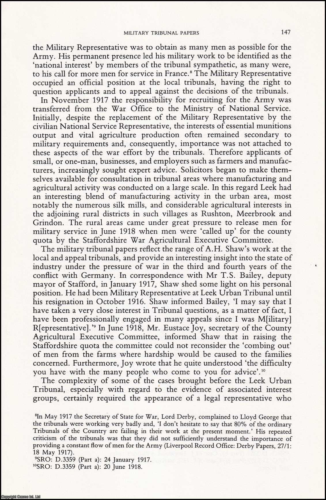 K.R. Grieves, University of Manchester. - Military Tribunal Papers : The Case of Leek Local Tribunal in the First World War. An original article from Archives, the Journal of the British Records Association, 1983.