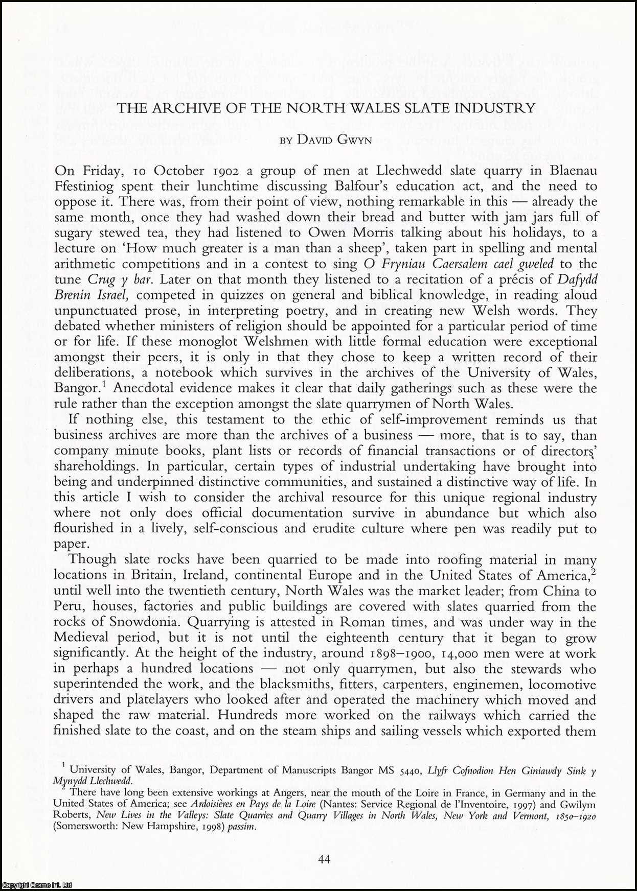 David Gwyn - The Archive of the North Wales Slate Industry. An original article from Archives, the Journal of the British Records Association, 1999.