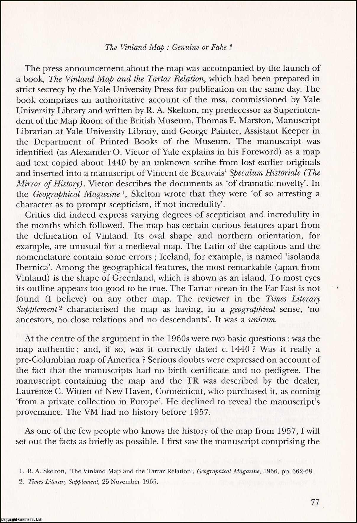 Helen Wallis, London. - The Vinland Map : Genuine or Fake ? An original article from Bulletin du bibliophile, 1991.