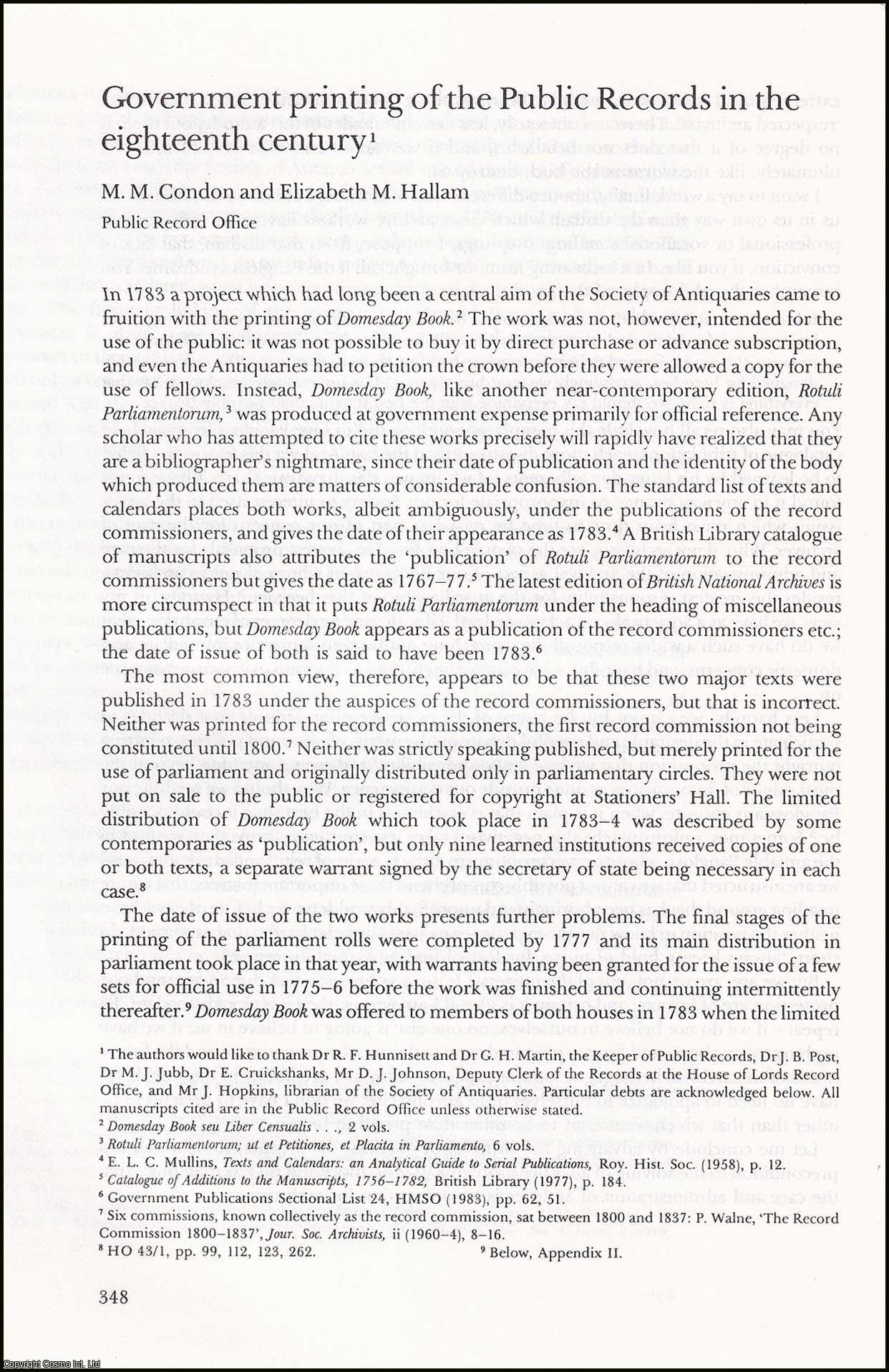 M.M. Condon & Elizabeth M. Hallam, Public Record Office. - Government Printing of the Public Records in the Eighteenth-Century. An original article from the Journal of the Society of Archivists, 1984.