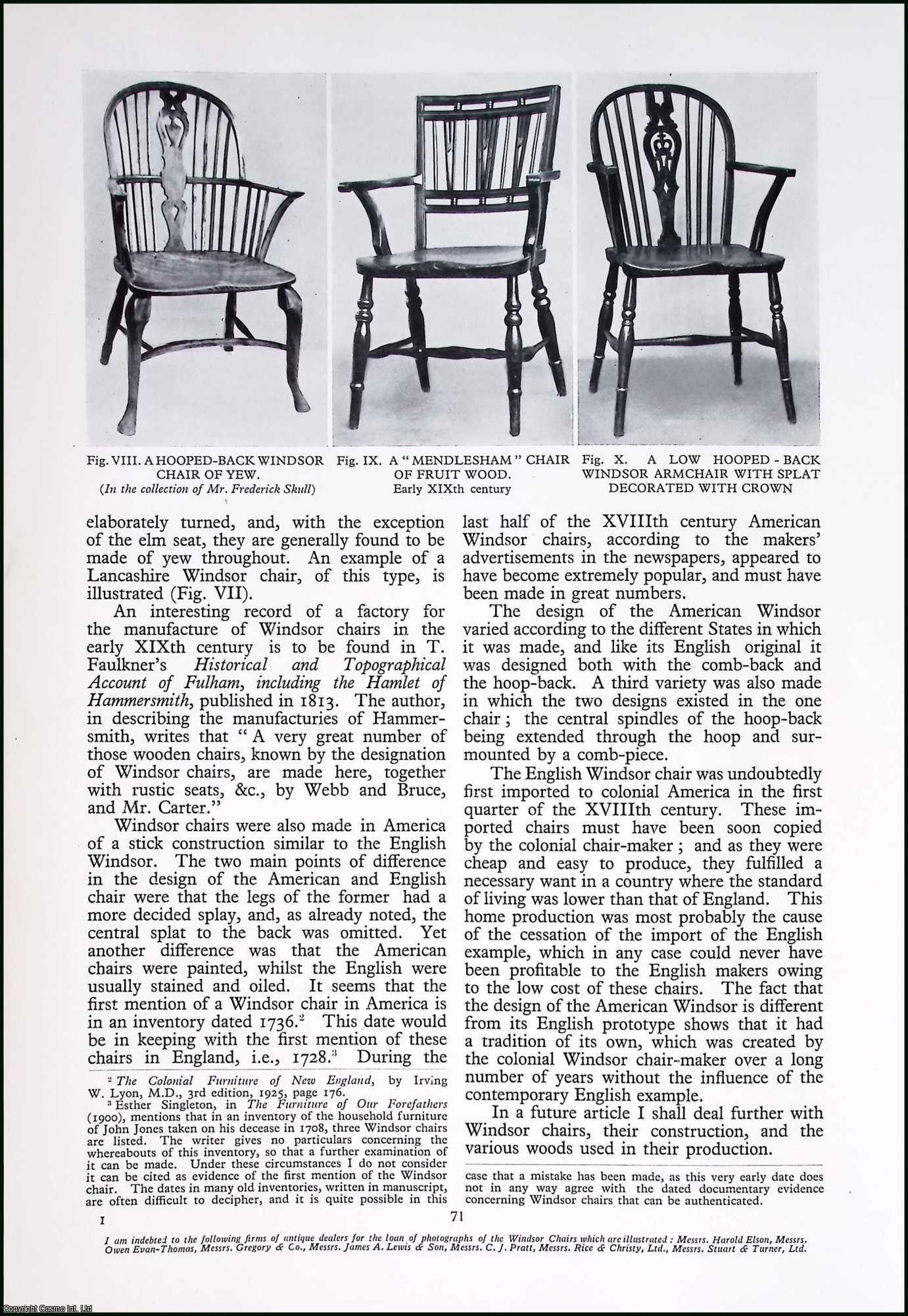 ENGLISH FURNITURE - The Windsor Chair. By R.W. Symonds. An original article from Apollo, International Magazine of the Arts, 1935.