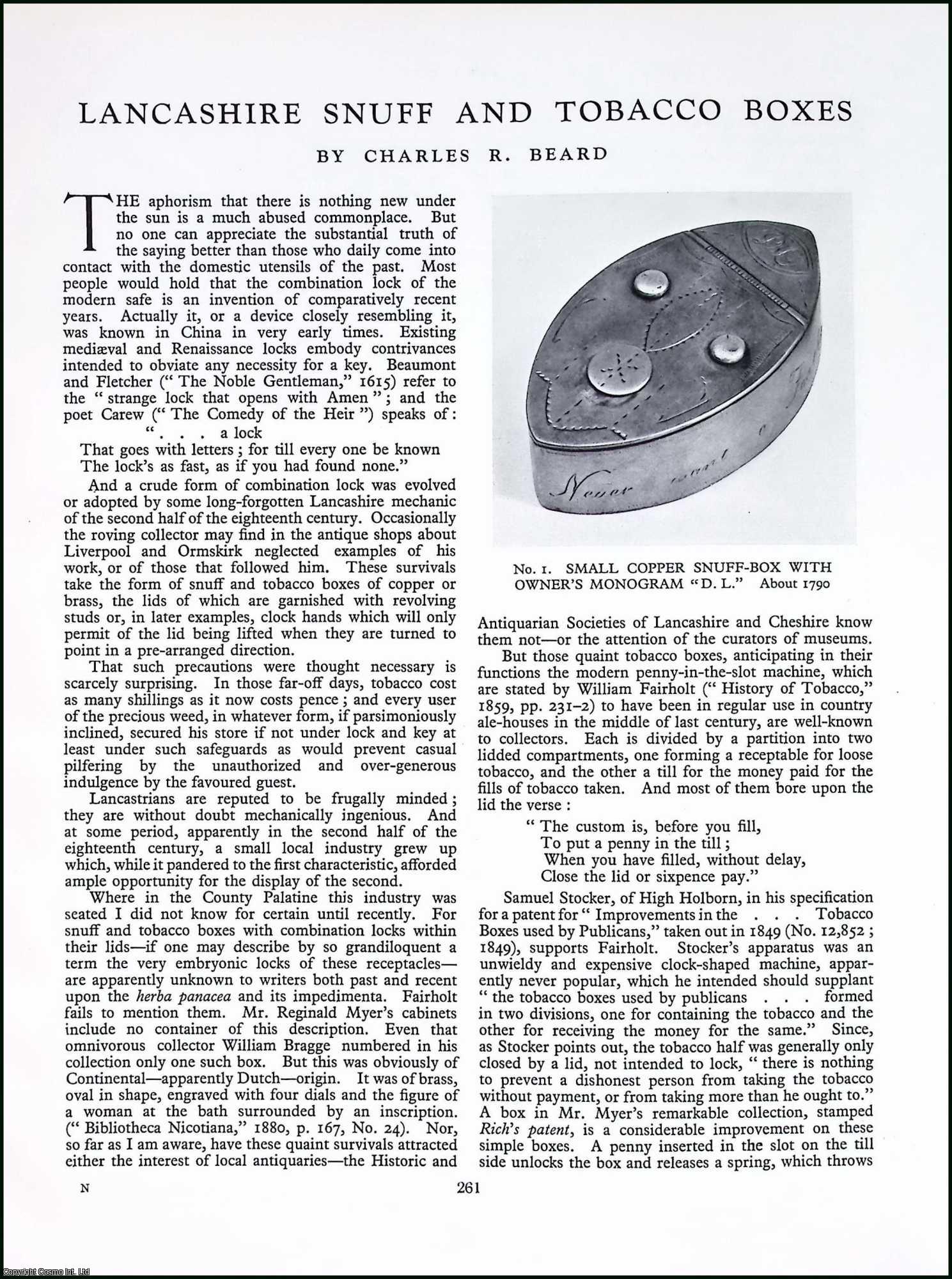 SNUFF AND TOBACCO BOXES - Lancashire Snuff & Tobacco Boxes. By Charles R. Beard. An original article from Apollo, International Magazine of the Arts, 1929.