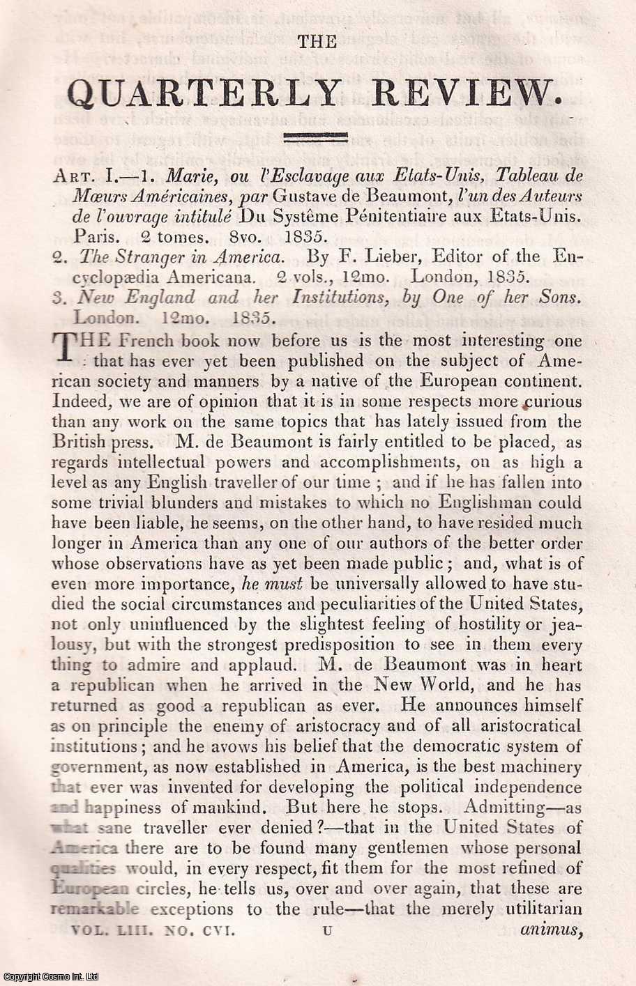 J.G. Lockhart - M. Beaumont on the Americans; M. Lieber's Stranger in America. An uncommon original article from The Quarterly Review, 1835.