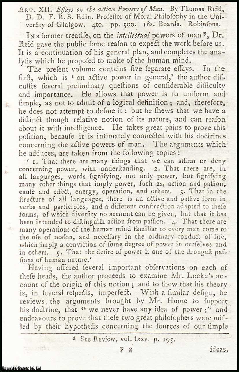 --- - Dr. Reid on the Active Powers of Man. - Concluded. An original article from the Monthly Review 1790.