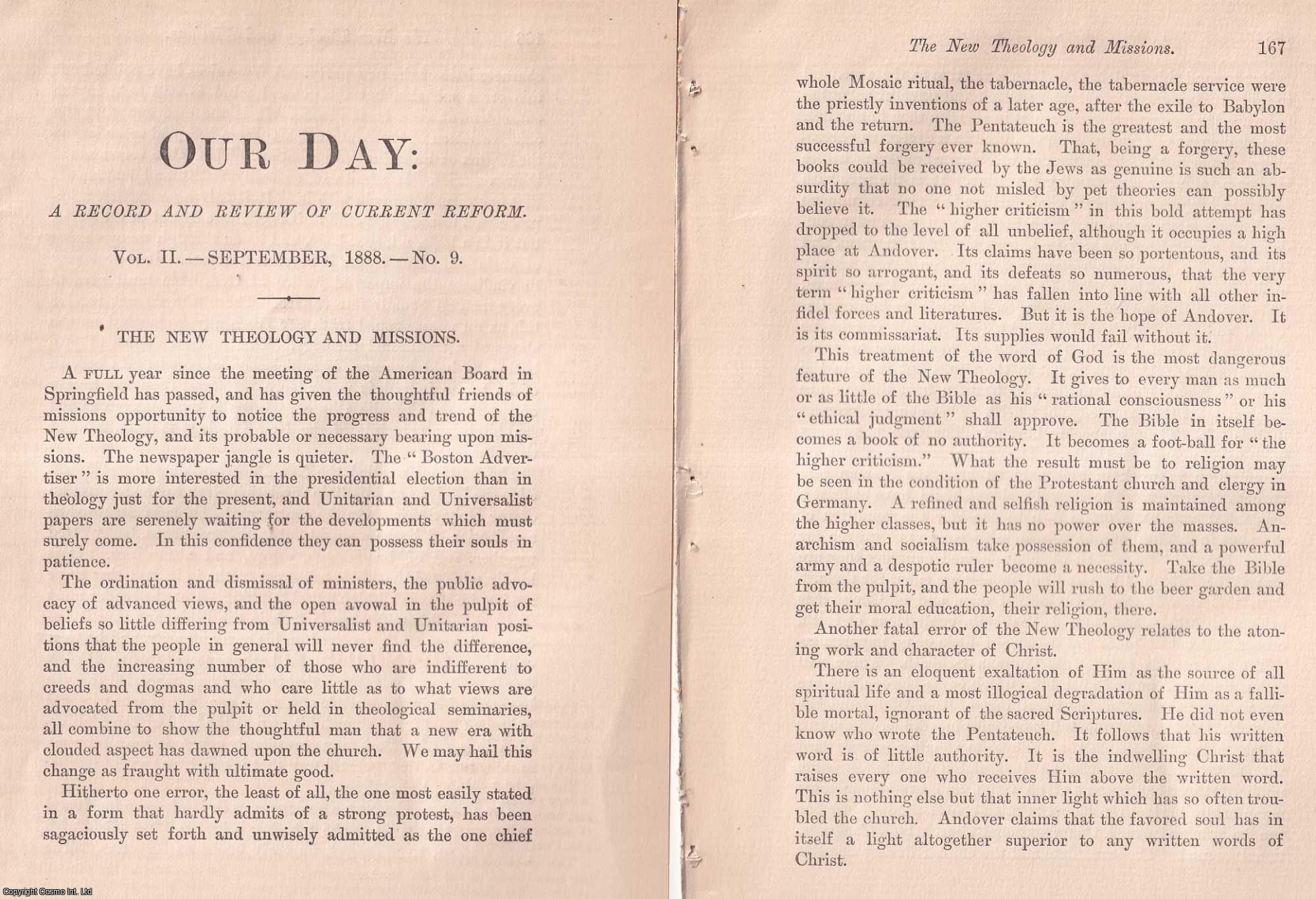 Hamlin, Cyrus. - The New Theology and Missions. A rare original article from Our Day, A Record and Review of Current Reform, 1888.