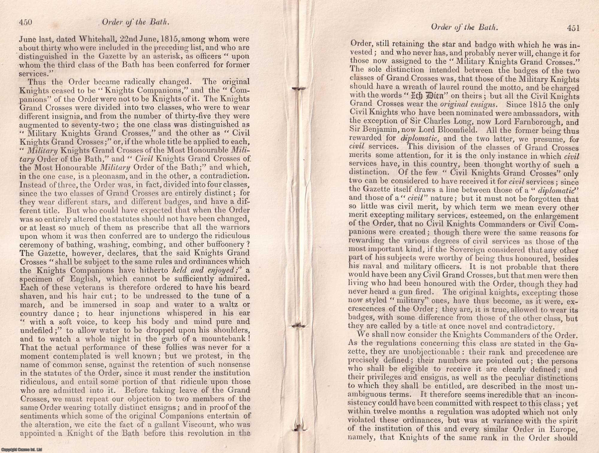 ---. - Order of the Bath; a history of the Knighthood of the Bath from its re-establishment in 1725 by King George the First; a summary. A rare original article from the Historical and Antiquarian Magazine, 1827.