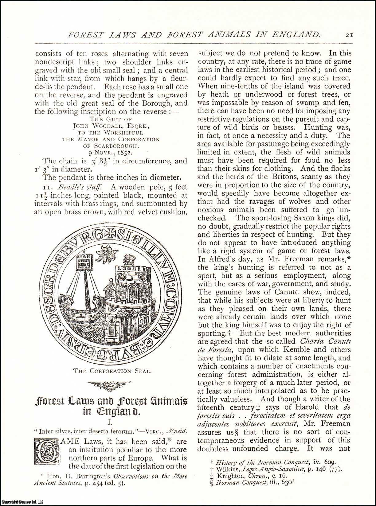 F. - Forest Laws and Forest Animals in England Part I, II and III. A complete original article from The Antiquary Magazine, 1883.