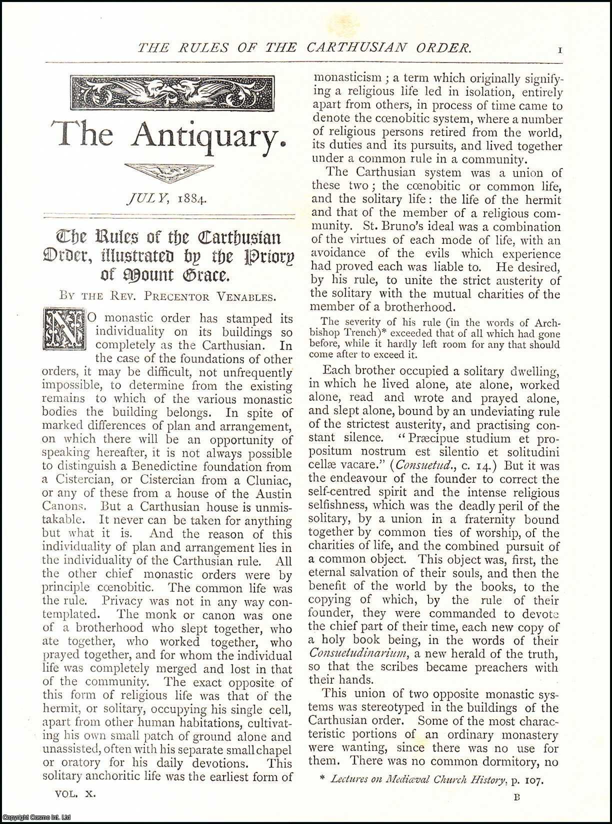 Rev. Precentor Venables - The Rules of The Carthusian Order, Illustrated by The Priory of Mount Grace. An original article from The Antiquary Magazine, 1884.
