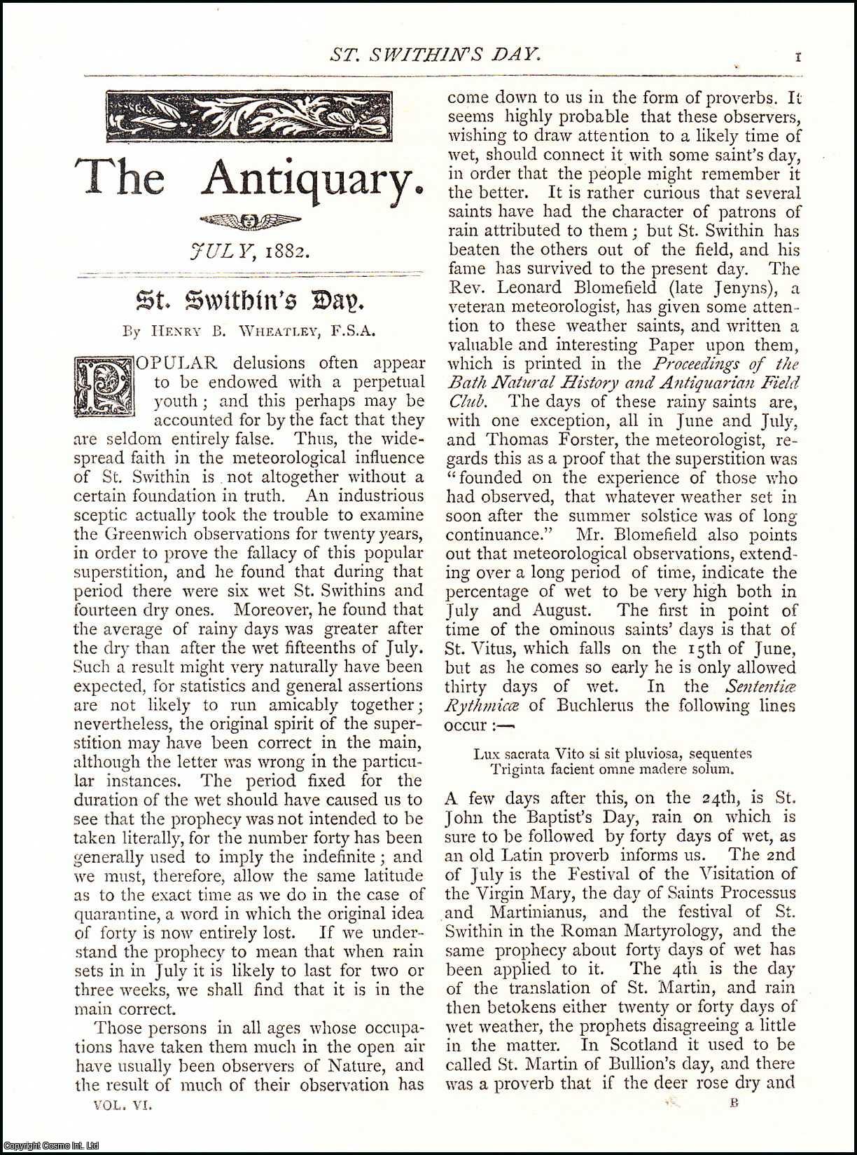 Henry B. Wheatley - St. Swithin's Day. An original article from The Antiquary Magazine, 1882.