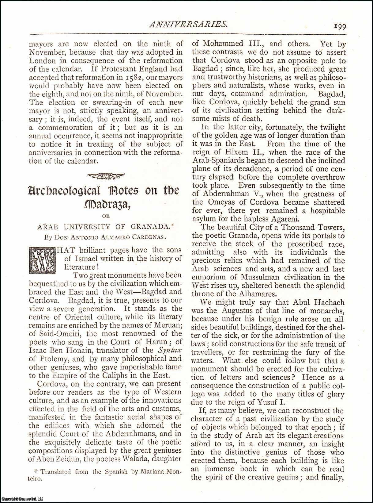 Don Antonio Almagro Cardenas - Archaological Notes on The Madraza, or Arab University of Granada. An original article from The Antiquary Magazine, 1881.