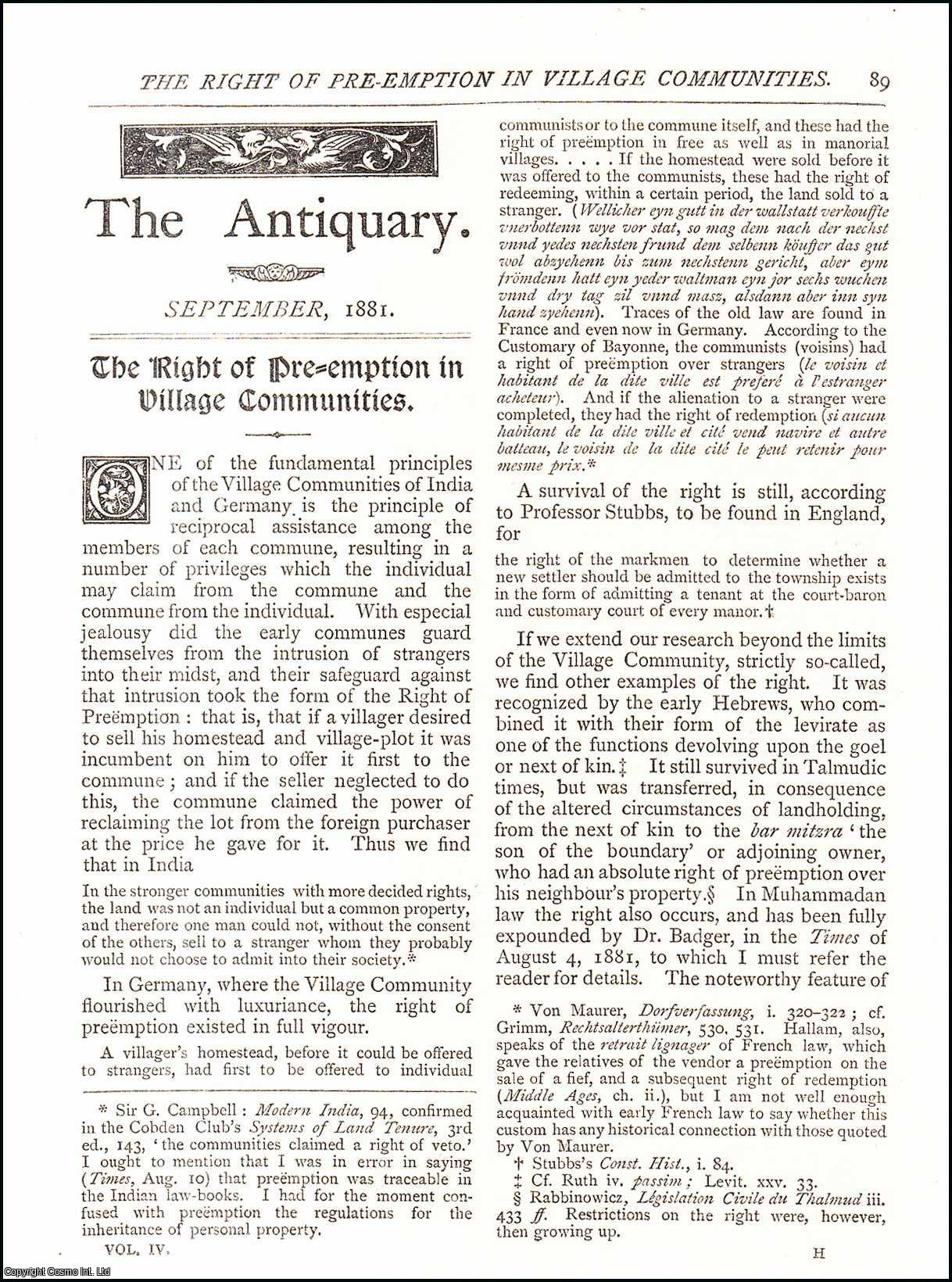John Fenton - The Right of Pre-Emption in Village Communities. An original article from The Antiquary Magazine, 1881.