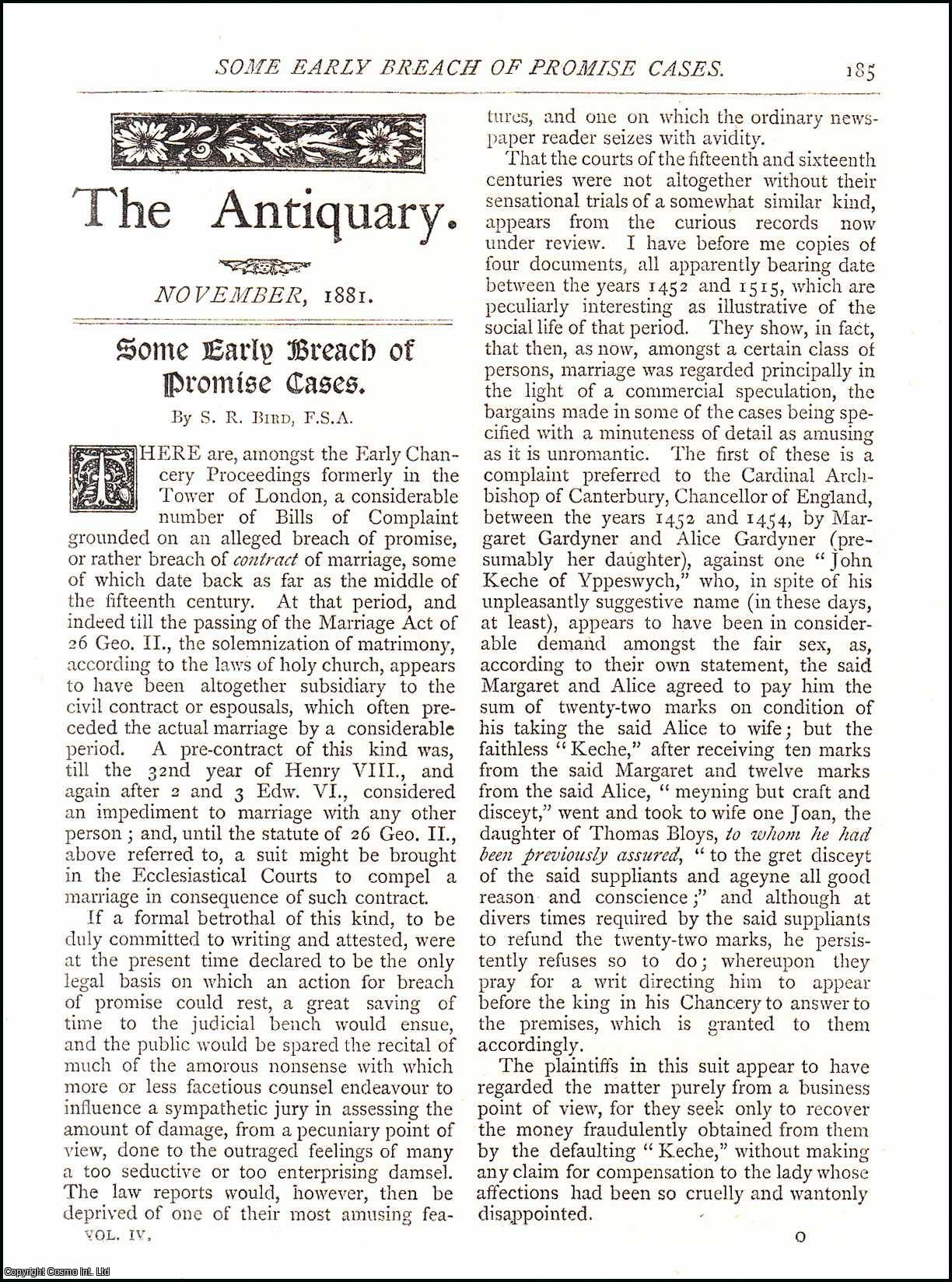 S. R. Bird - Some Early Breach of Promise Cases. An original article from The Antiquary Magazine, 1881.