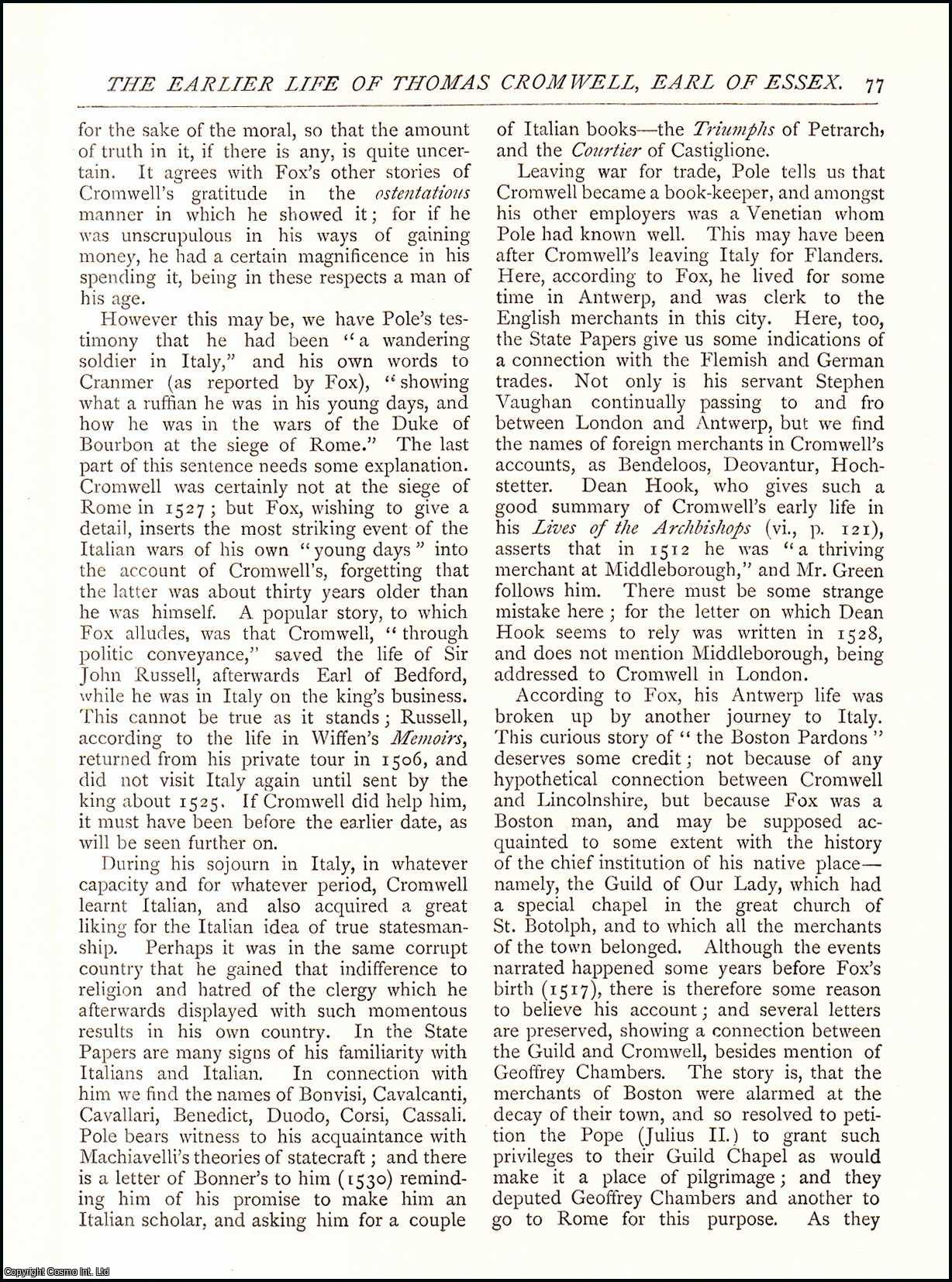 John Brownbill - The Early Life of Thomas Cromwell, Earl of Essex (1490-1530) Part I and II. A complete original article from The Antiquary Magazine, 1884.