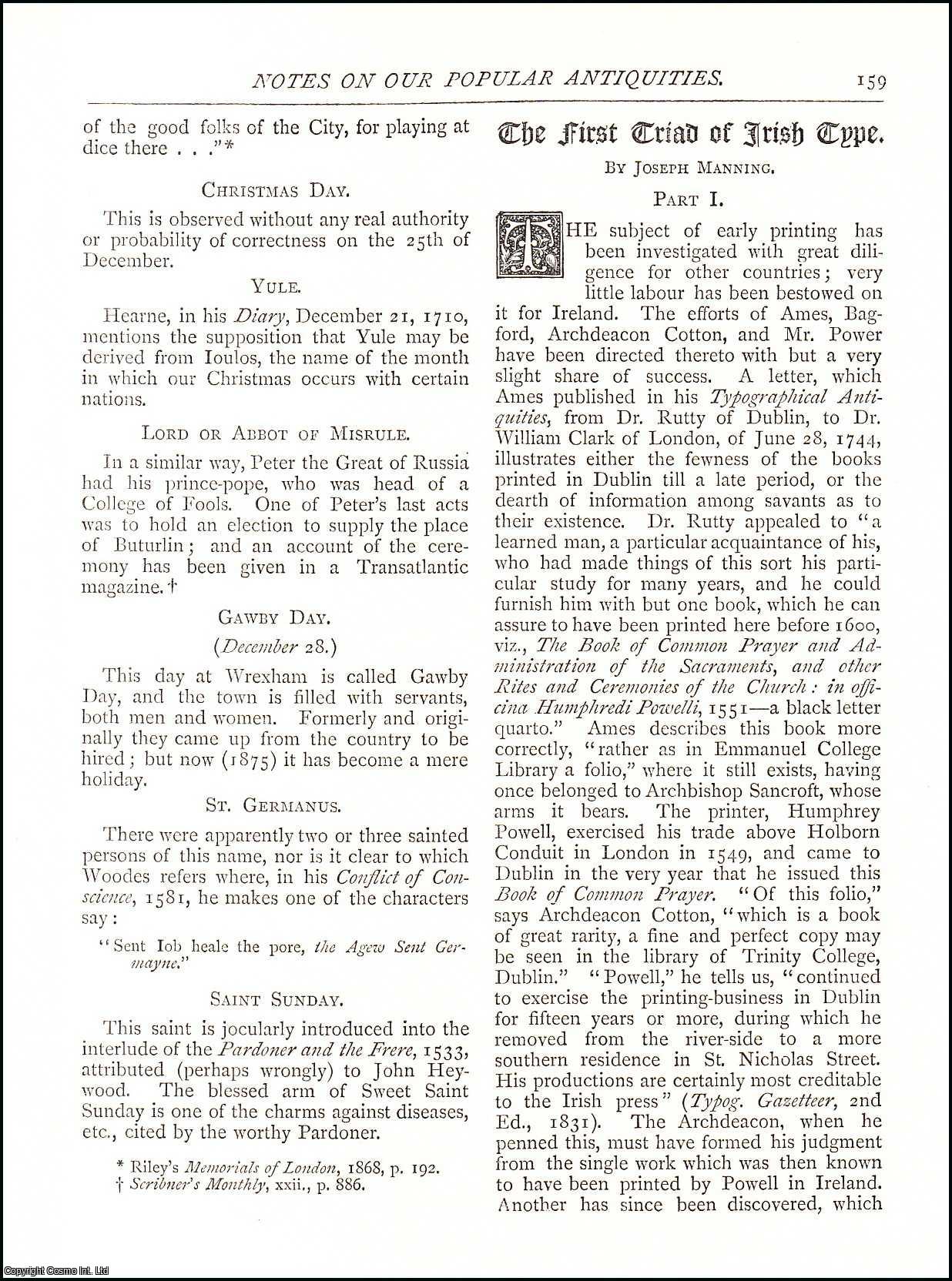 Joseph Manning - The First Triad of Irish Type Part I, II and III. A complete original article from The Antiquary Magazine, 1885.