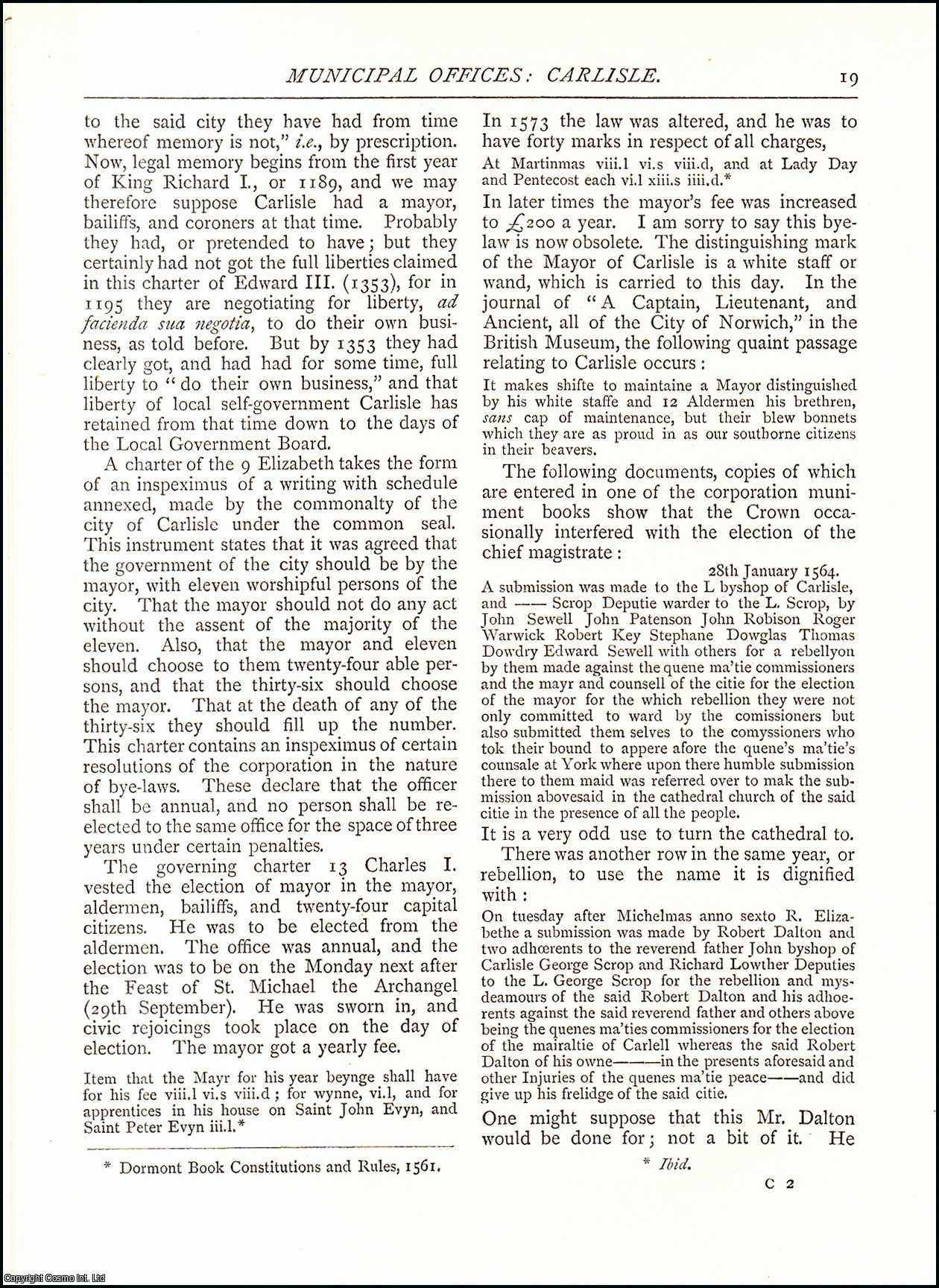 Richard S. Ferguson - Municipal Offices: Carlisle Part I, II and III. A complete original article from The Antiquary Magazine, 1886.