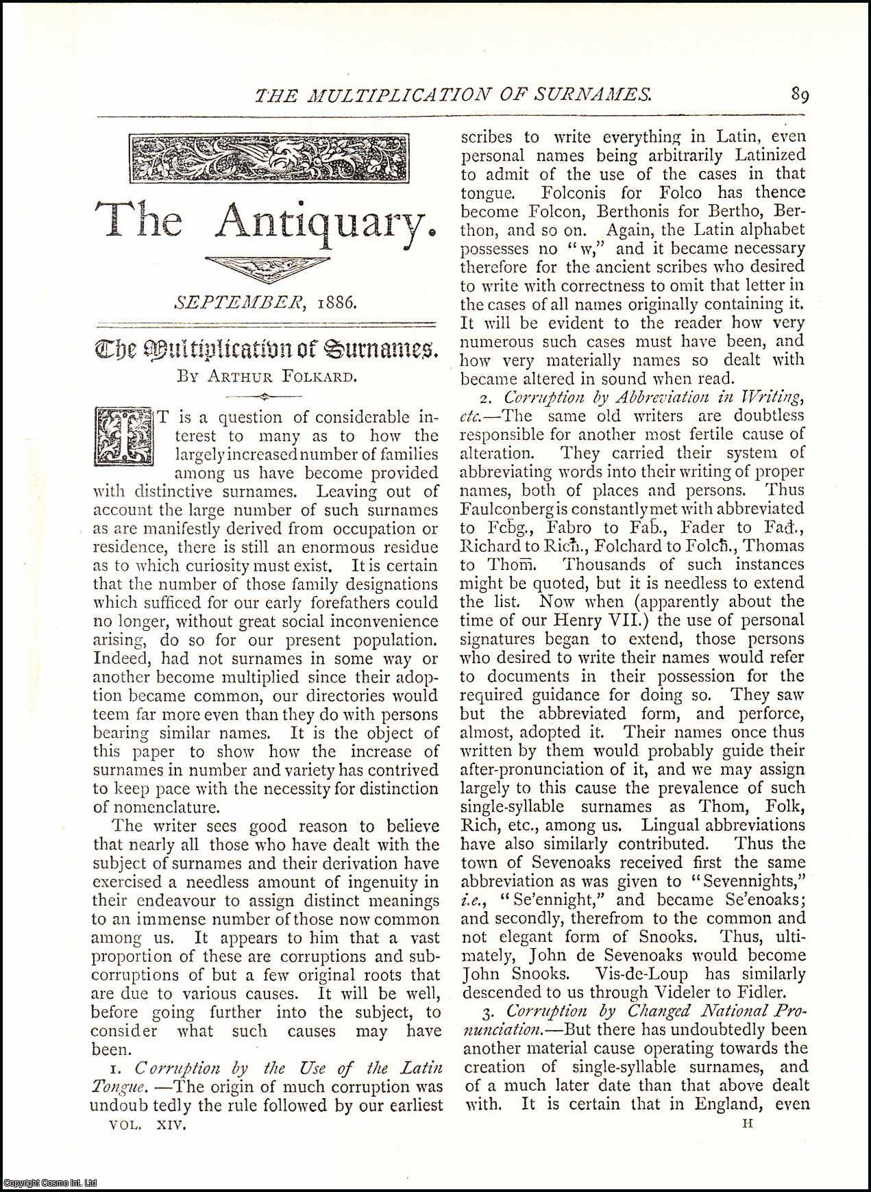 Arthur Folkard - The Multiplication of Surnames. An original article from The Antiquary Magazine, 1886.