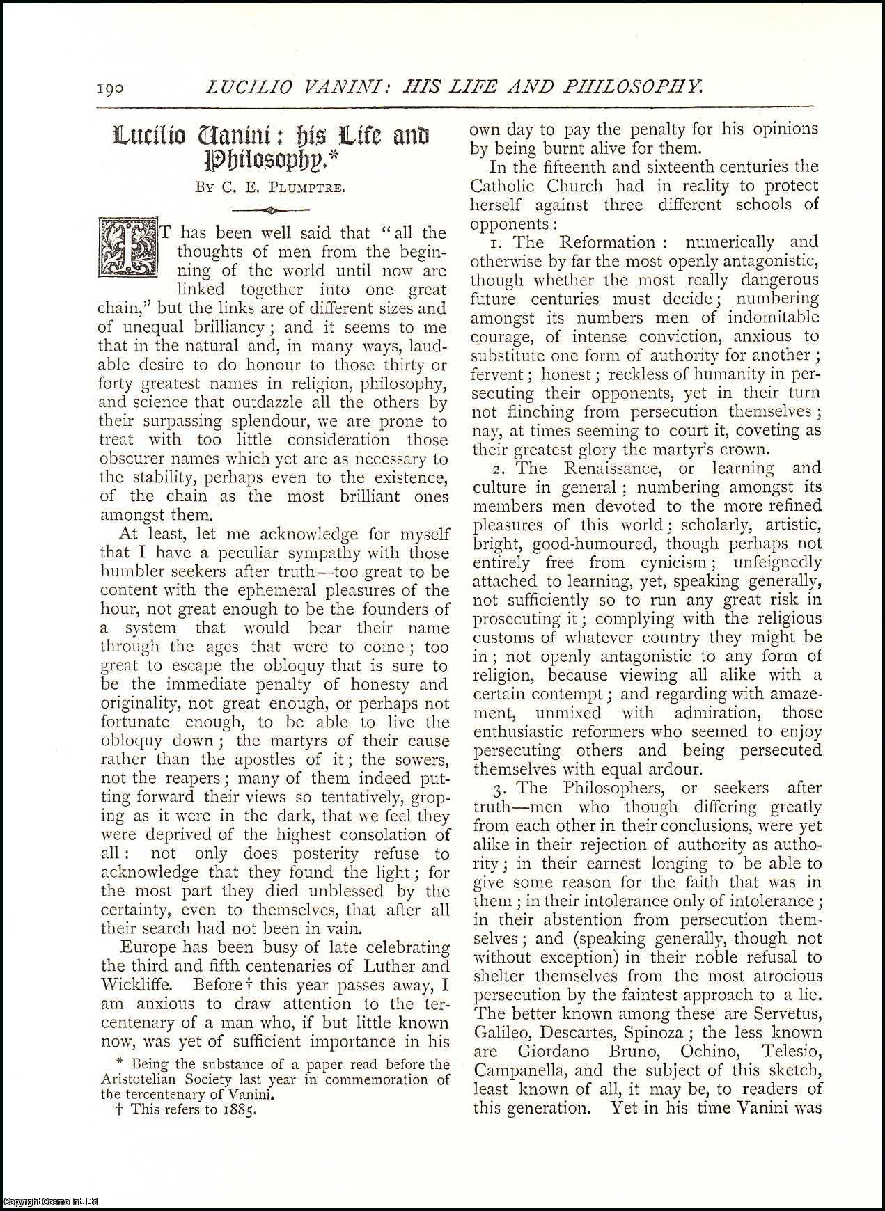 C. E. Plumptre - Lucilio Vanini: His Life and Philosophy. An original article from The Antiquary Magazine, 1886.