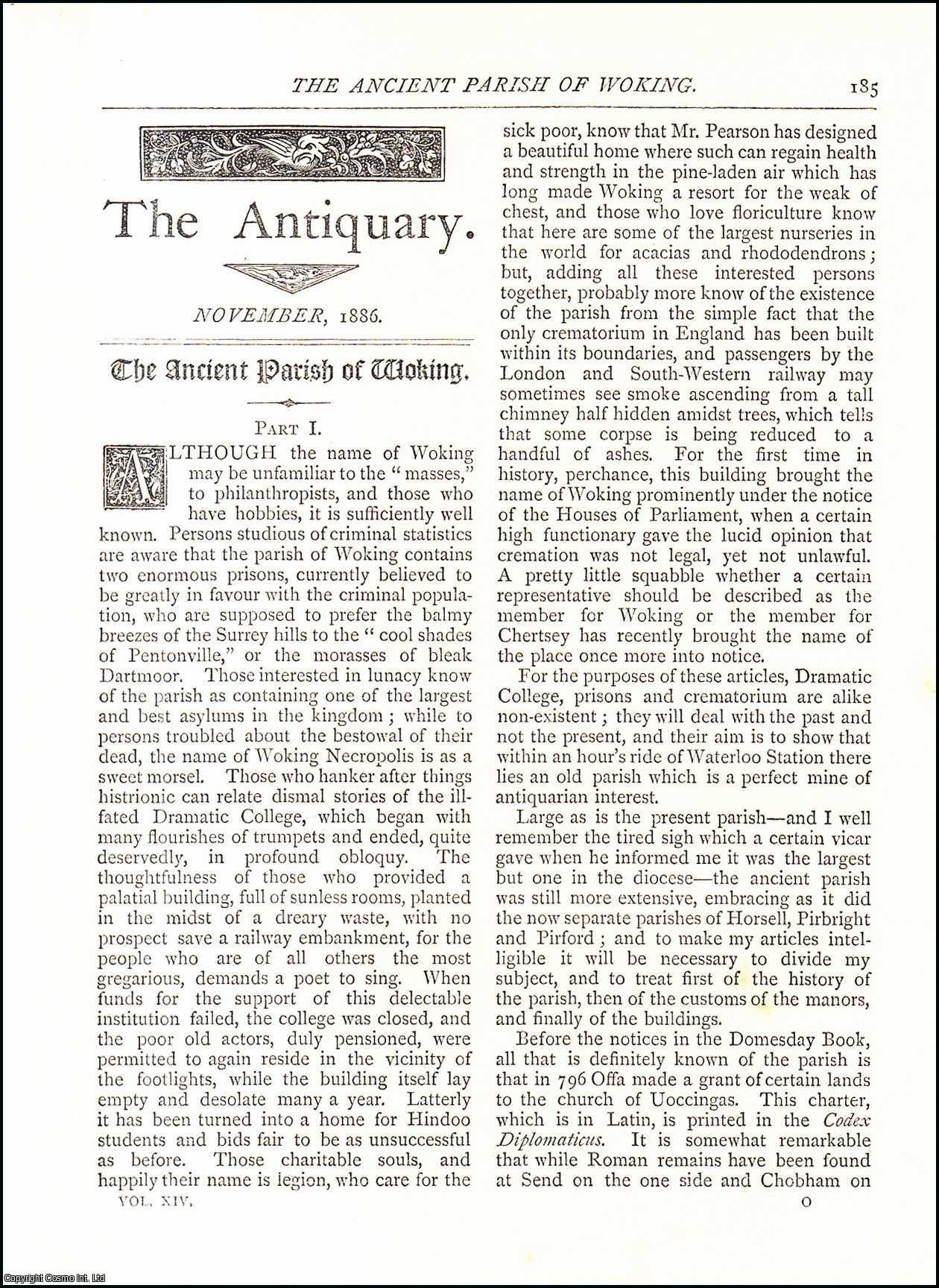 No Author Stated - The Ancient Parish of Woking Part I and II. A complete original article from The Antiquary Magazine, 1886.