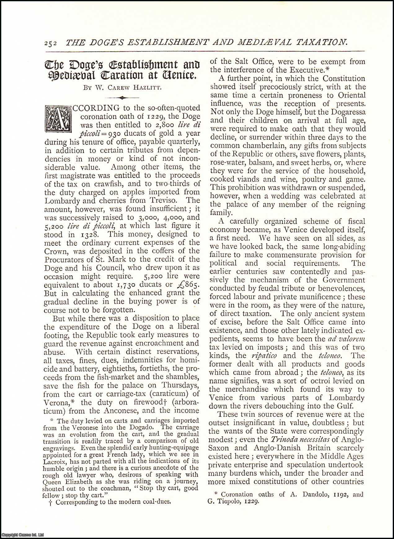 W. Carew Hazlitt - The Doge's Establishment and Mediaeval Taxation at Venice. An original article from The Antiquary Magazine, 1886.