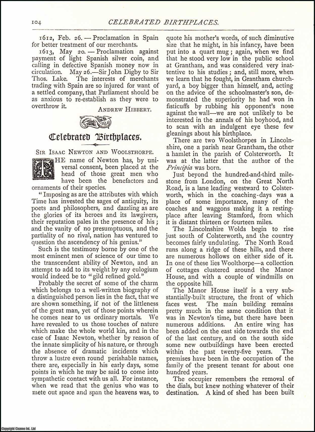 J. J. Foster - Celebrated Birthplaces: Sir Isaac Newton and Woolsthorpe. An original article from The Antiquary Magazine, 1887.