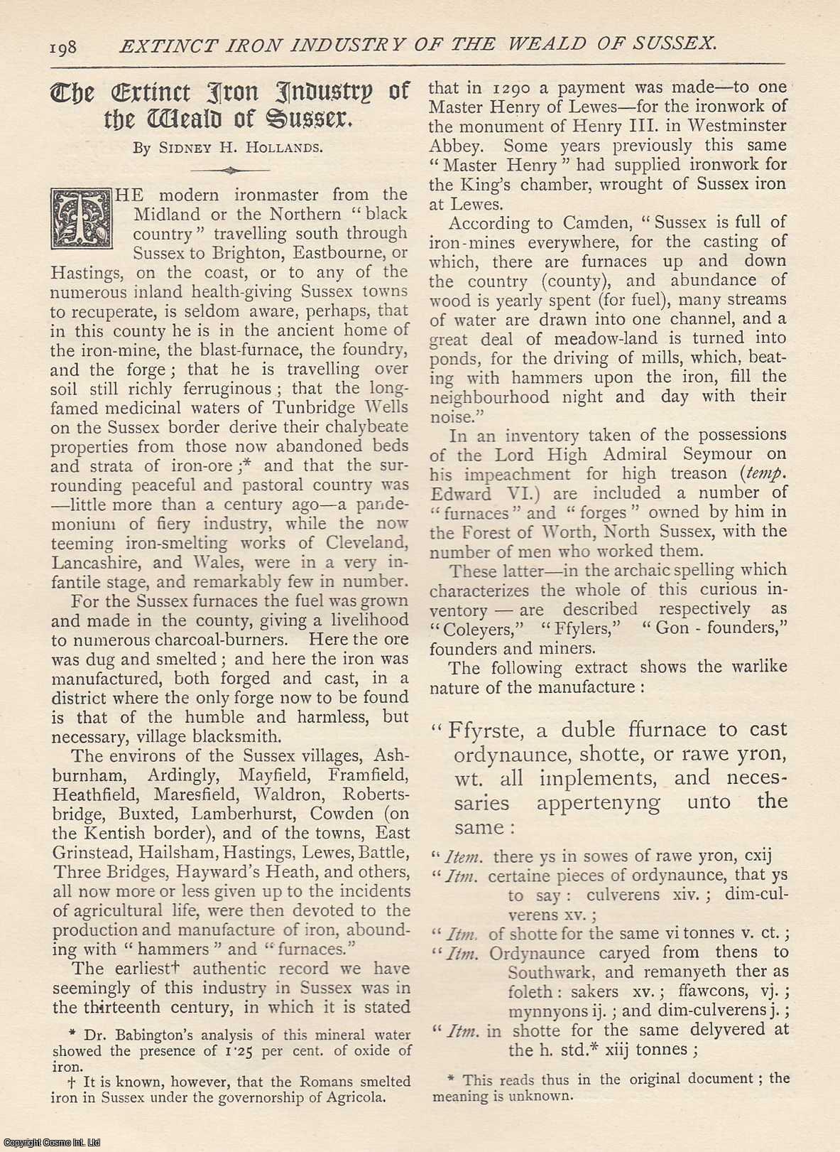 Sidney H. Hollands - The Extinct Iron Industry of The Weald of Sussex. An original article from The Antiquary Magazine, 1896.