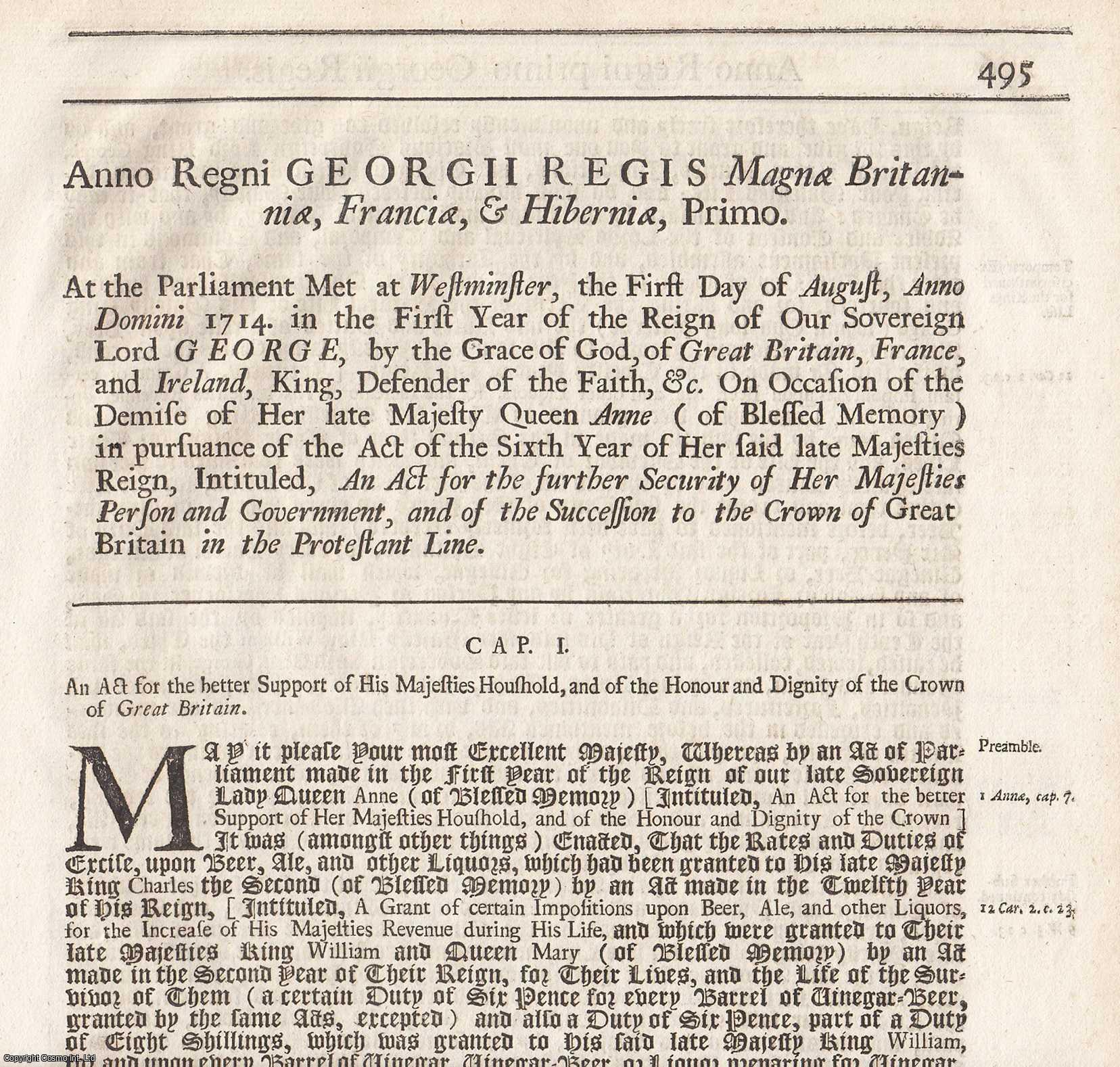 King George I - Civil List Act 1714 c.1. An Act for The Support of His Majesties Household, and of The Honour and Dignity of The Crown of Great Britain.