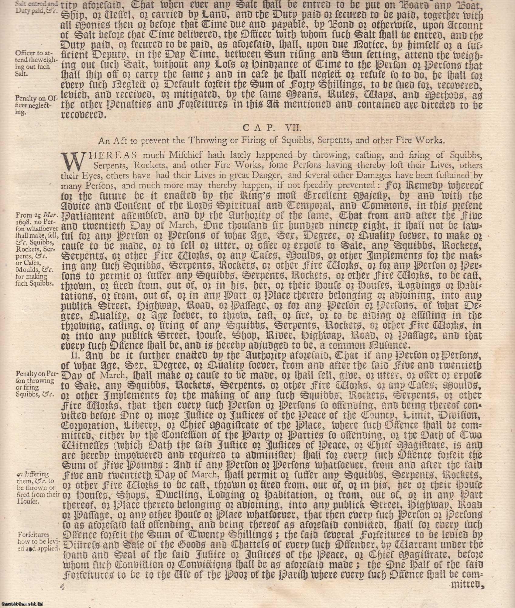 King William III - Fireworks Act 1697 c. 7. An Act to Prevent The Throwing or Firing of Squibbs, Serpents, and other Fire Works.