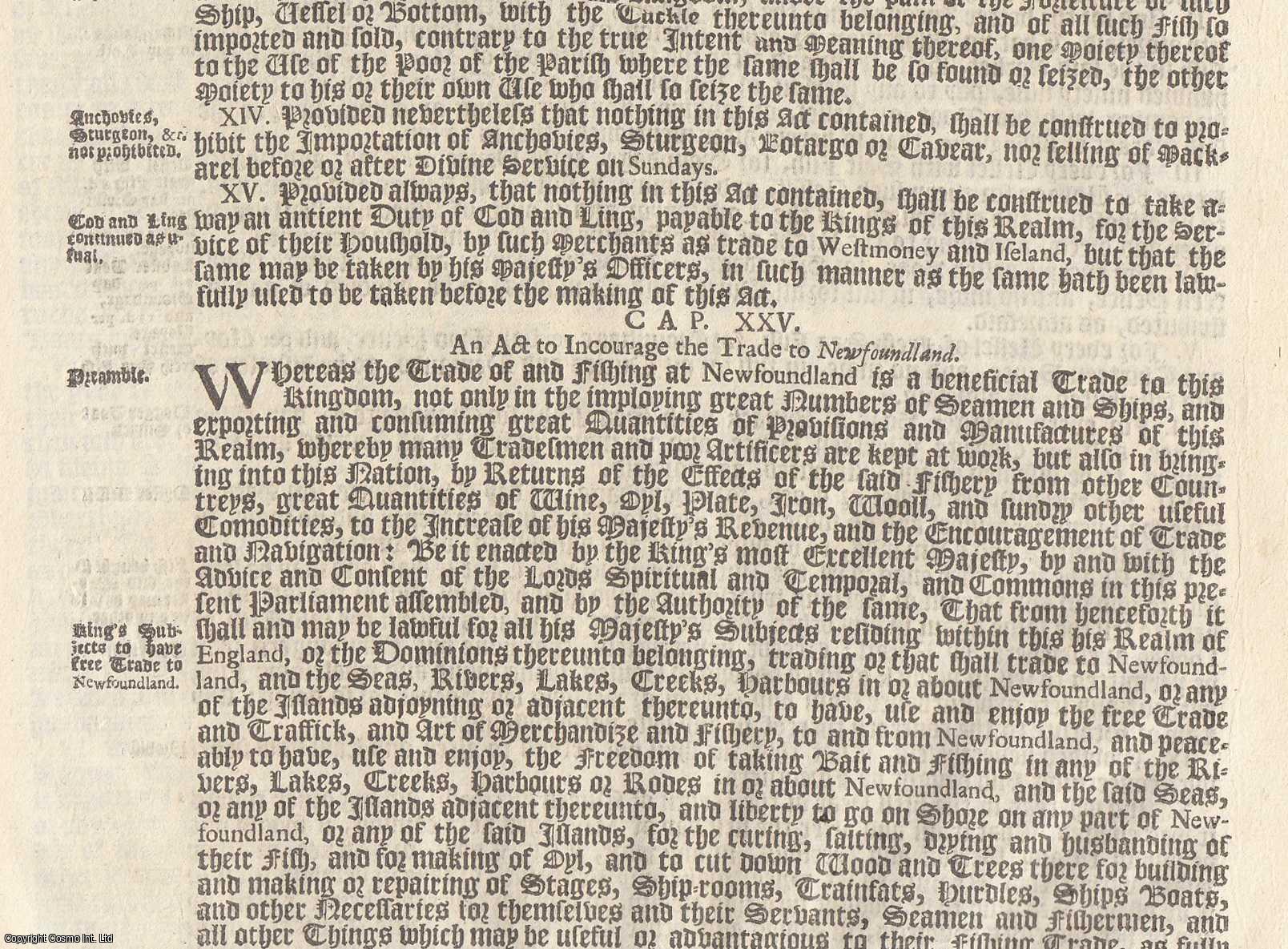 King William III - Trade to Newfoundland Act 1698 c. 25. An Act to Incourage The Trade to Newfoundland.