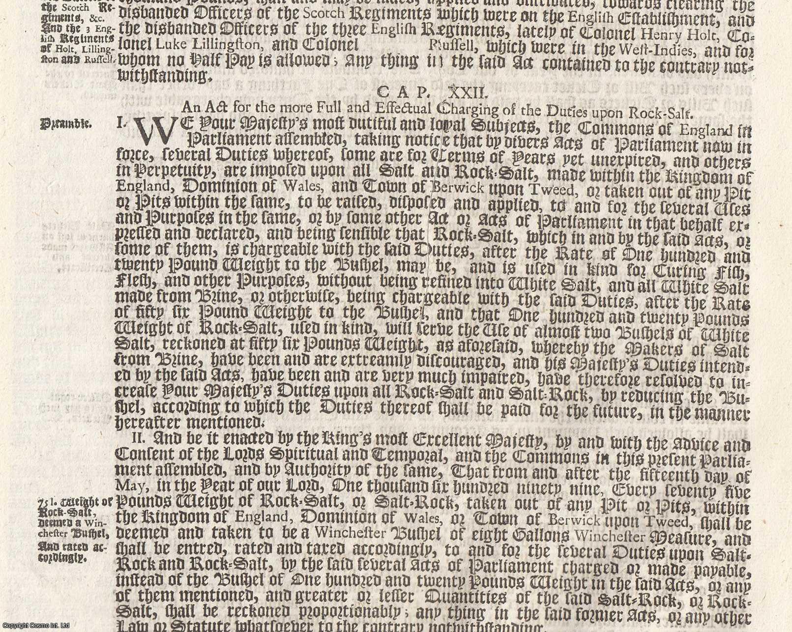King William III - c.22. An Act for The More Full and Effectual Charging of The Duties opon Rock Salt. 1698.