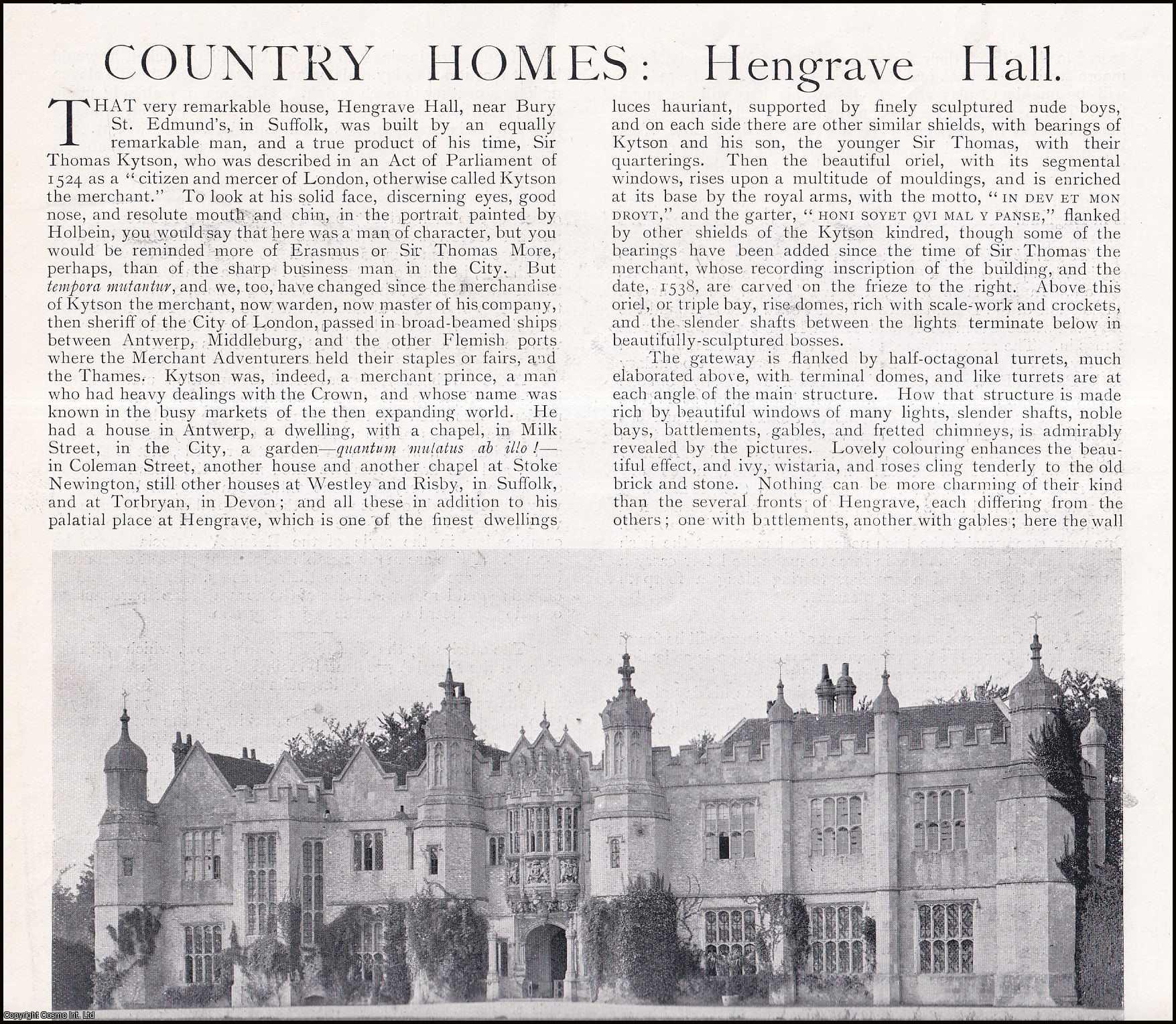 John Leyland - Hengrave Hall, Bury St. Edmunds, Suffolk. Several pictures and accompanying text, removed from an original issue of Country Life Magazine, 1897.