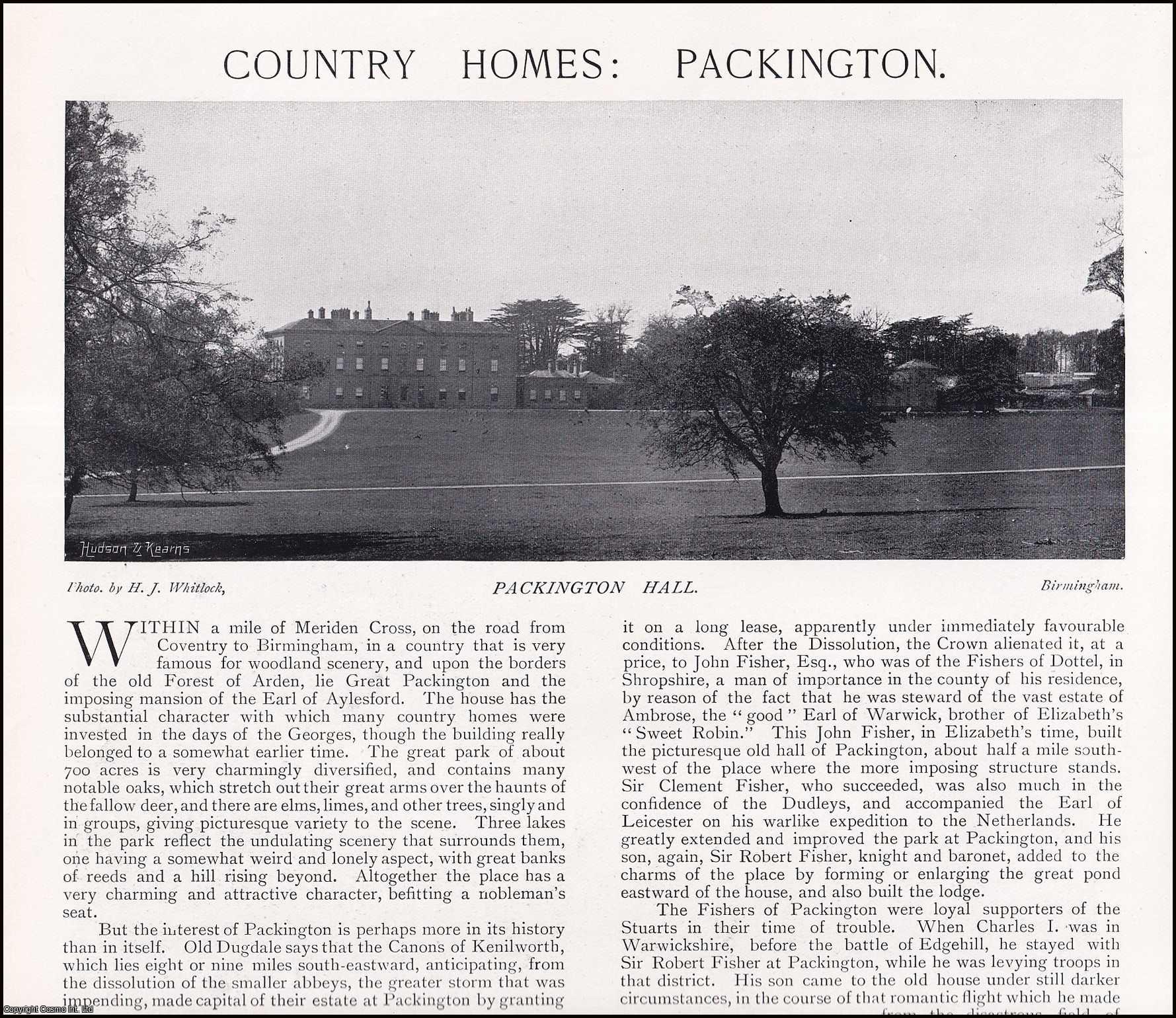 John Leyland - Packington Hall. Several pictures and accompanying text, removed from an original issue of Country Life Magazine, 1897.